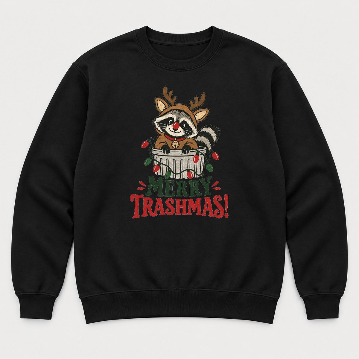 Merry Trashmas Raccoon Reindeer Christmas Graphic T-Shirt & Sweatshirt - Sweatshirt Black Front