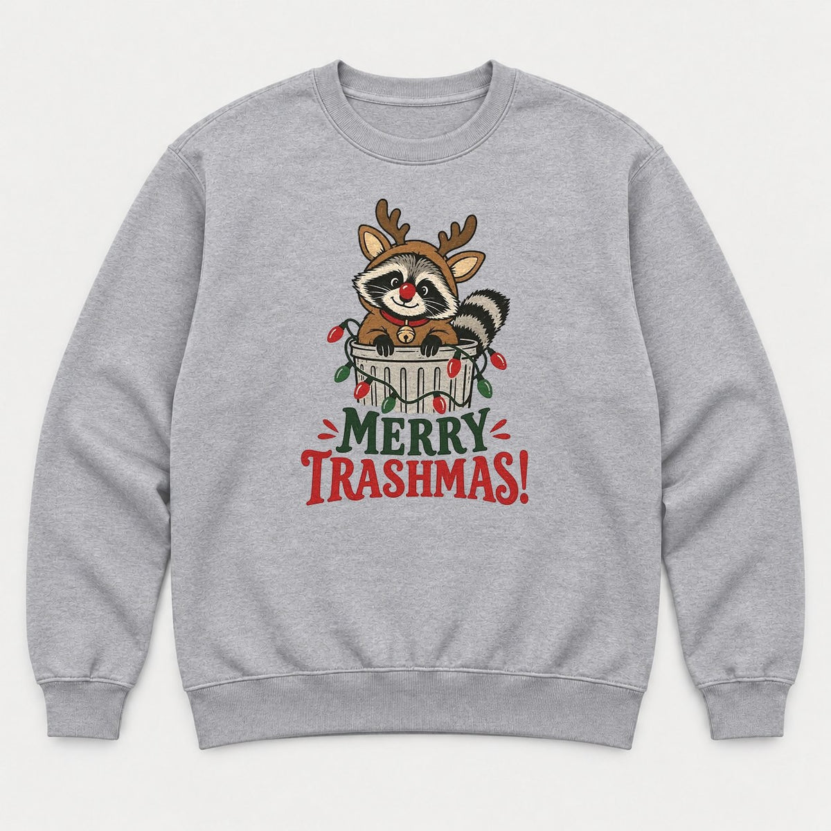 Merry Trashmas Raccoon Reindeer Christmas Graphic T-Shirt & Sweatshirt - Sweatshirt Sport Grey Front