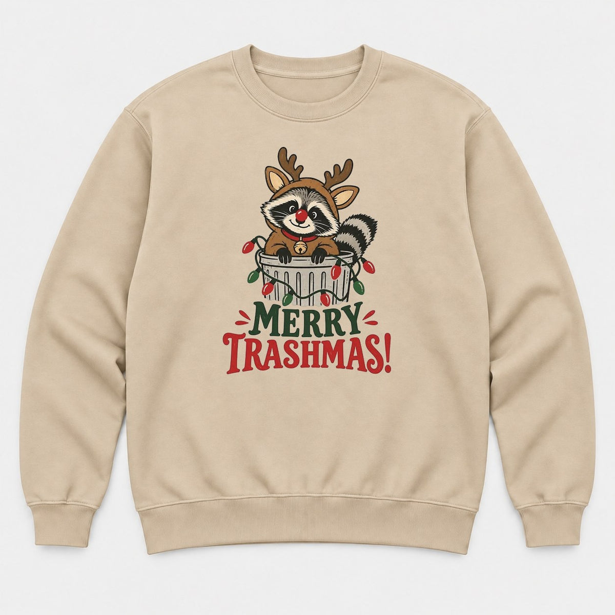 Merry Trashmas Raccoon Reindeer Christmas Graphic T-Shirt & Sweatshirt - Sweatshirt Sand Front
