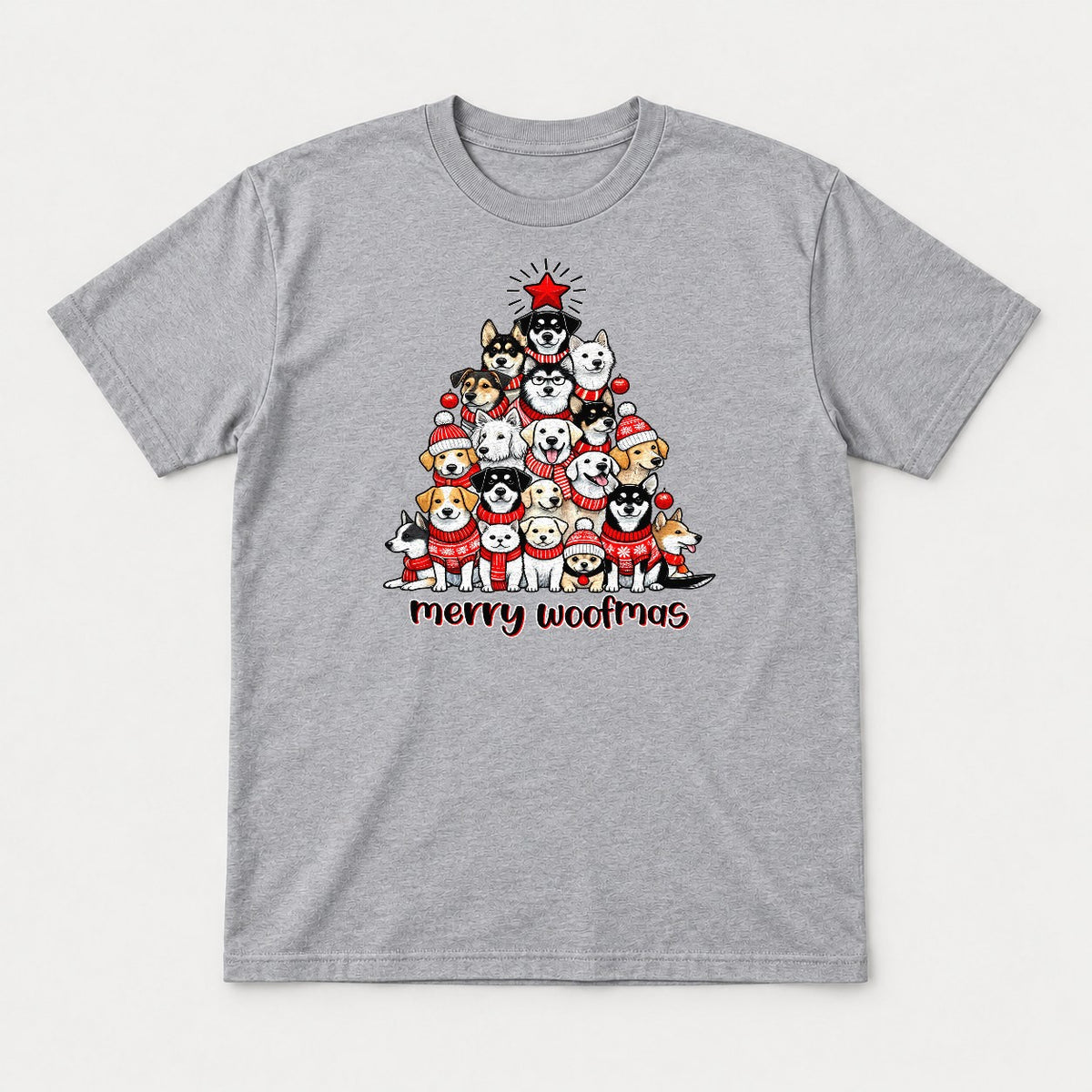 Merry Woofmas Dog Christmas Tree Graphic T-Shirt & Sweatshirt - Tshirt Sport Grey Front