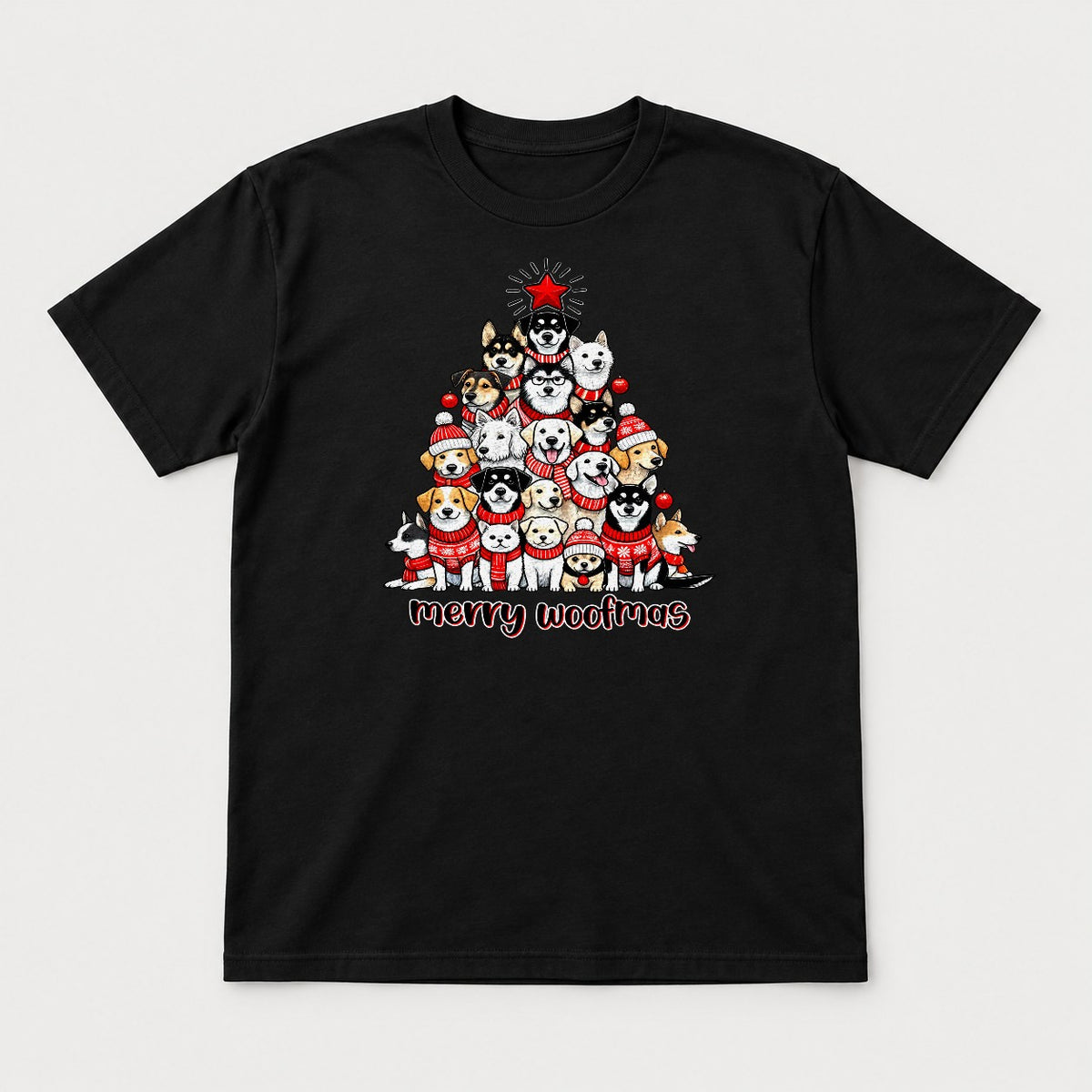 Merry Woofmas Dog Christmas Tree Graphic T-Shirt & Sweatshirt - Tshirt Black Front