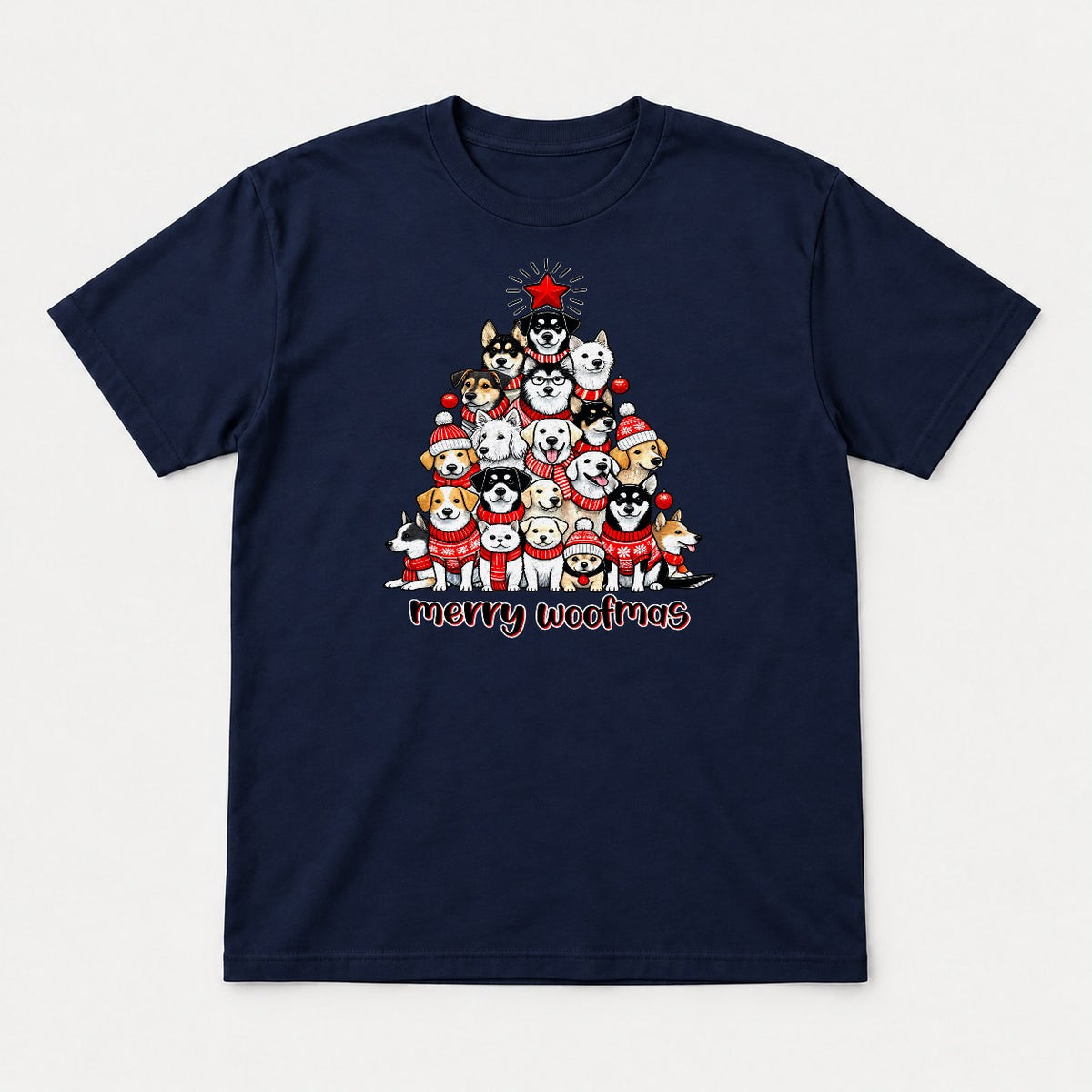Merry Woofmas Dog Christmas Tree Graphic T-Shirt & Sweatshirt - Tshirt Navy Front