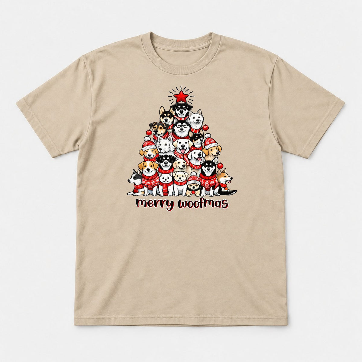 Merry Woofmas Dog Christmas Tree Graphic T-Shirt & Sweatshirt - Tshirt Sand Front
