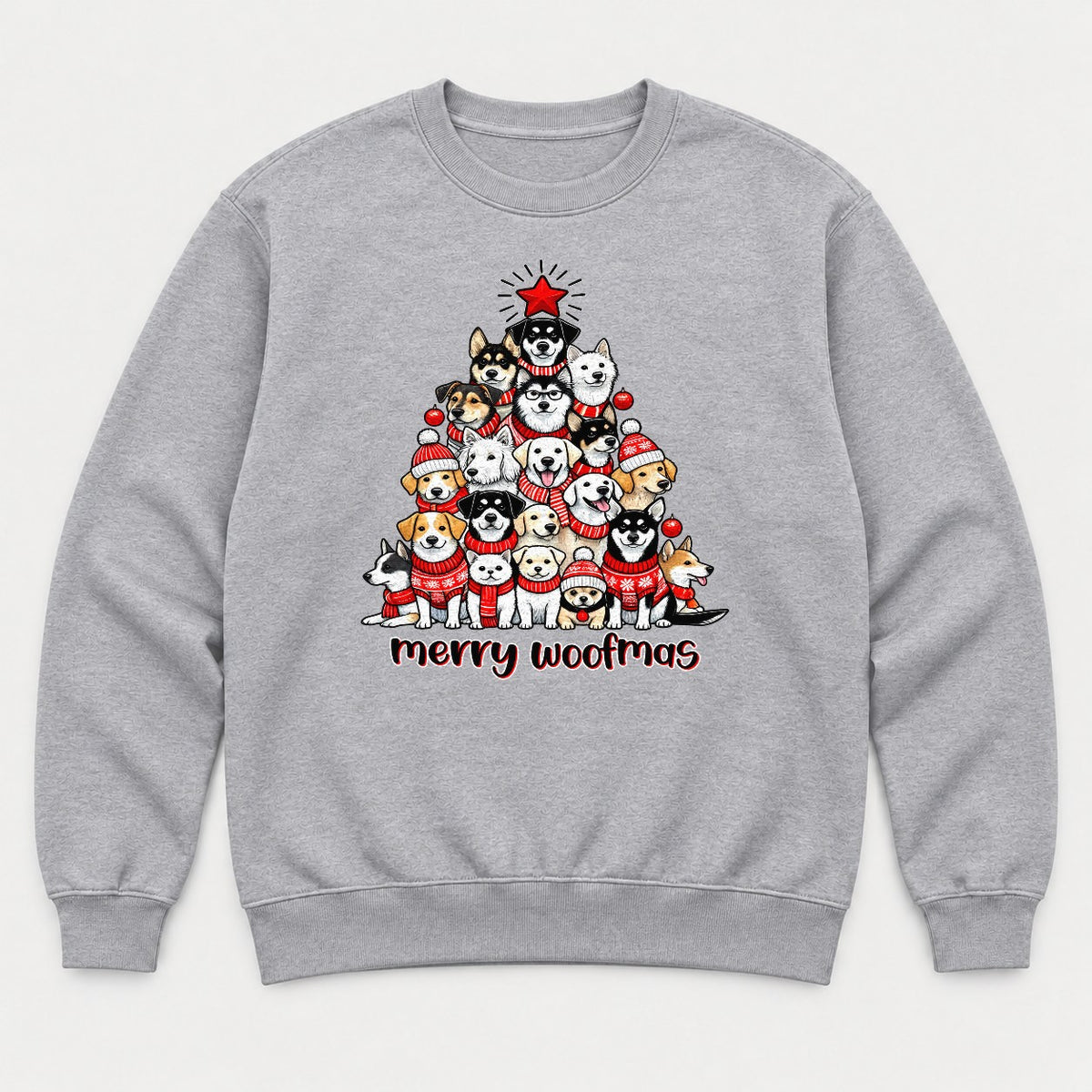 Merry Woofmas Dog Christmas Tree Graphic T-Shirt & Sweatshirt - Sweatshirt Sport Grey Front