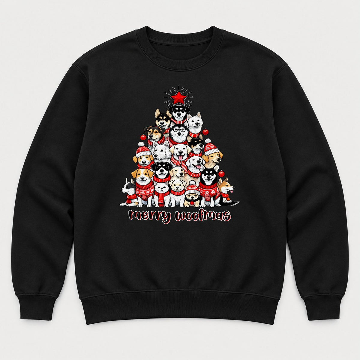 Merry Woofmas Dog Christmas Tree Graphic T-Shirt & Sweatshirt - Sweatshirt Black Front