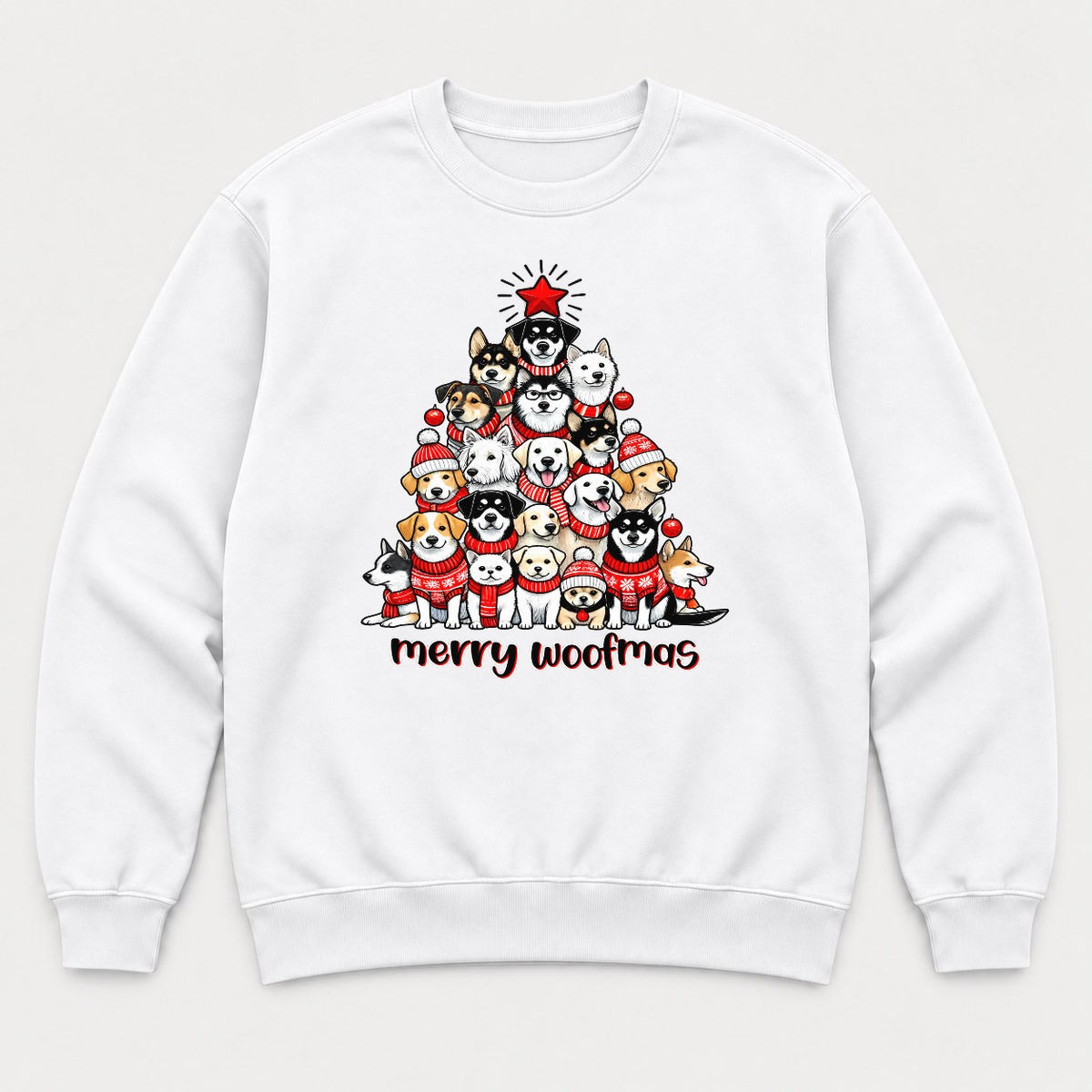 Merry Woofmas Dog Christmas Tree Graphic T-Shirt & Sweatshirt - Sweatshirt White Front