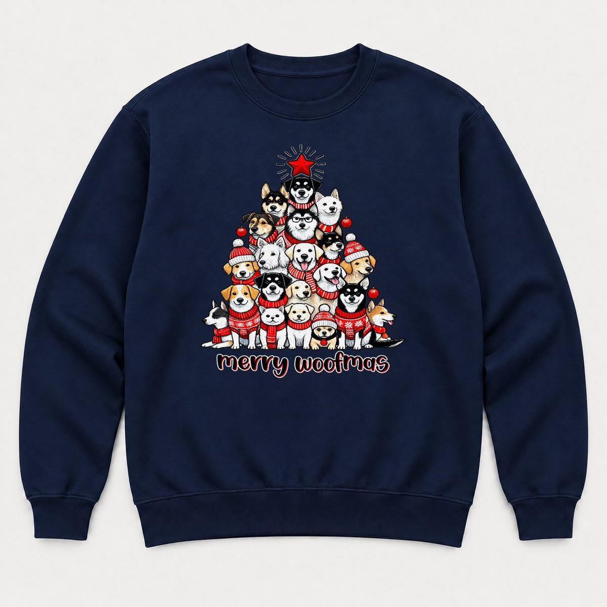 Merry Woofmas Dog Christmas Tree Graphic T-Shirt & Sweatshirt - Sweatshirt Navy Front