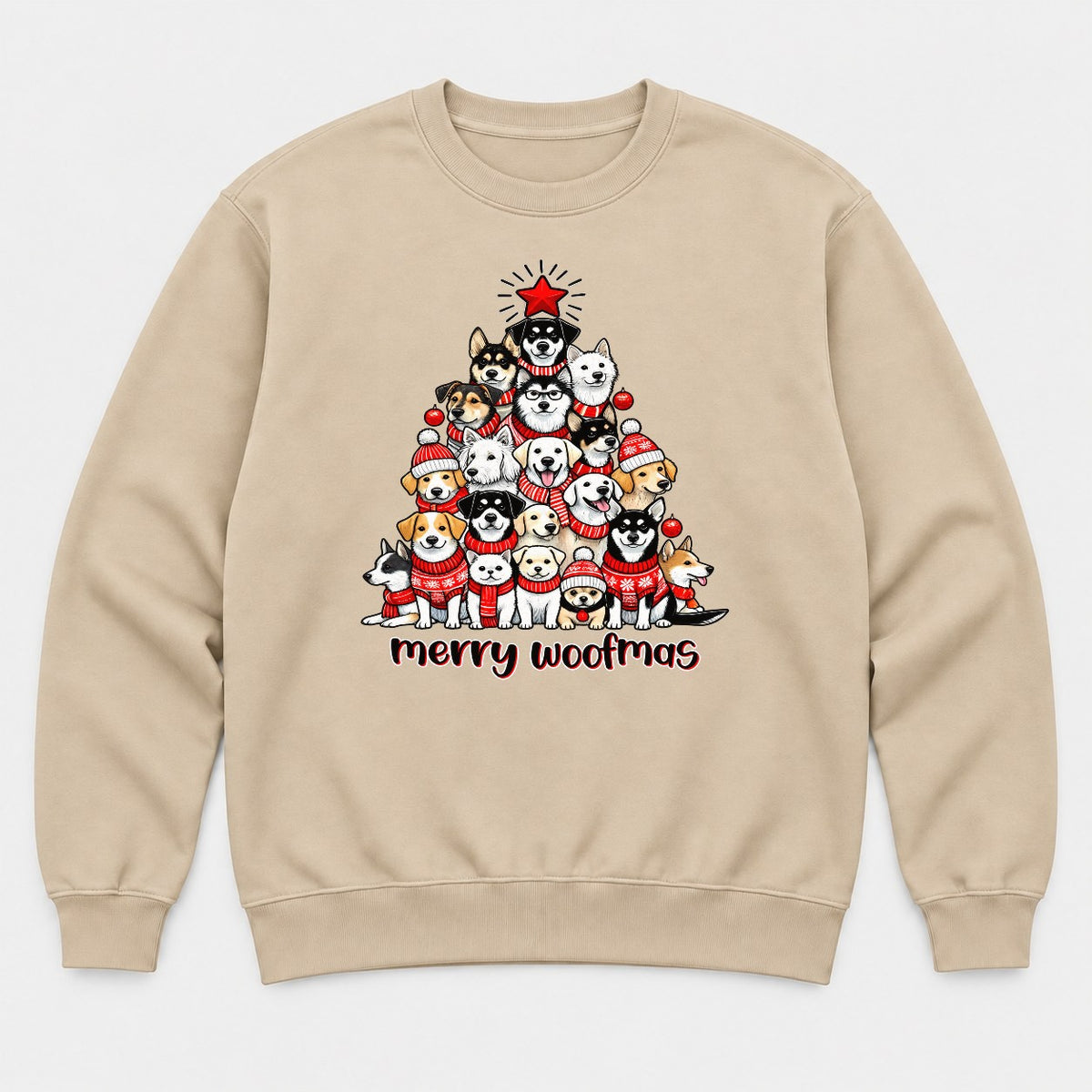 Merry Woofmas Dog Christmas Tree Graphic T-Shirt & Sweatshirt - Sweatshirt Sand Front