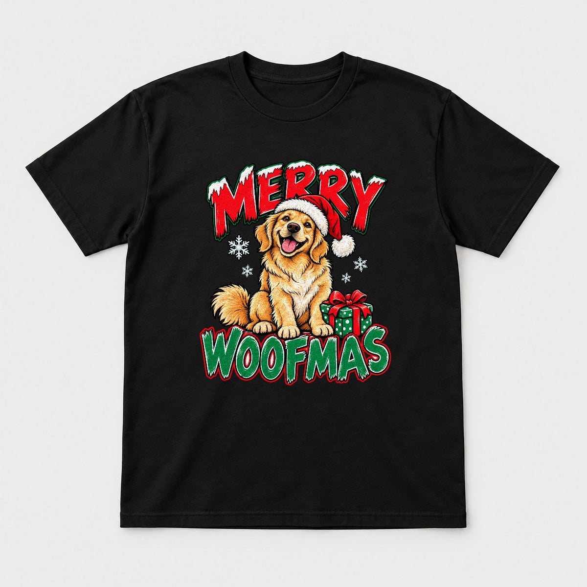 Merry Woofmas Golden Retriever Santa Hat Graphic T-Shirt & Sweatshirt - Tshirt Black Front
