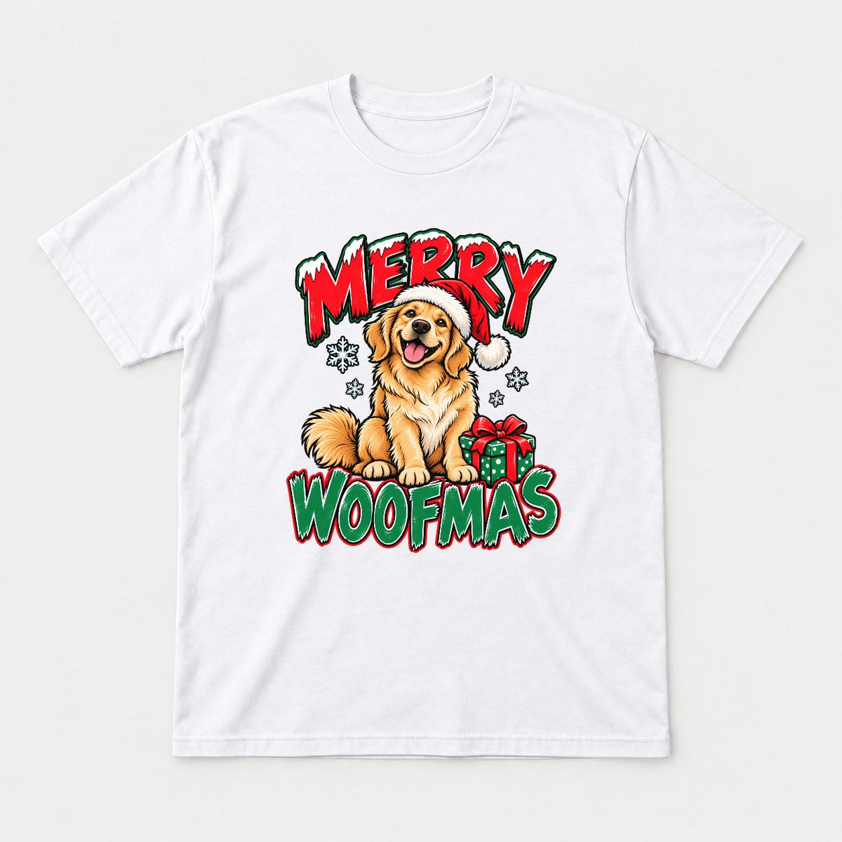 Merry Woofmas Golden Retriever Santa Hat Graphic T-Shirt & Sweatshirt - Tshirt White Front