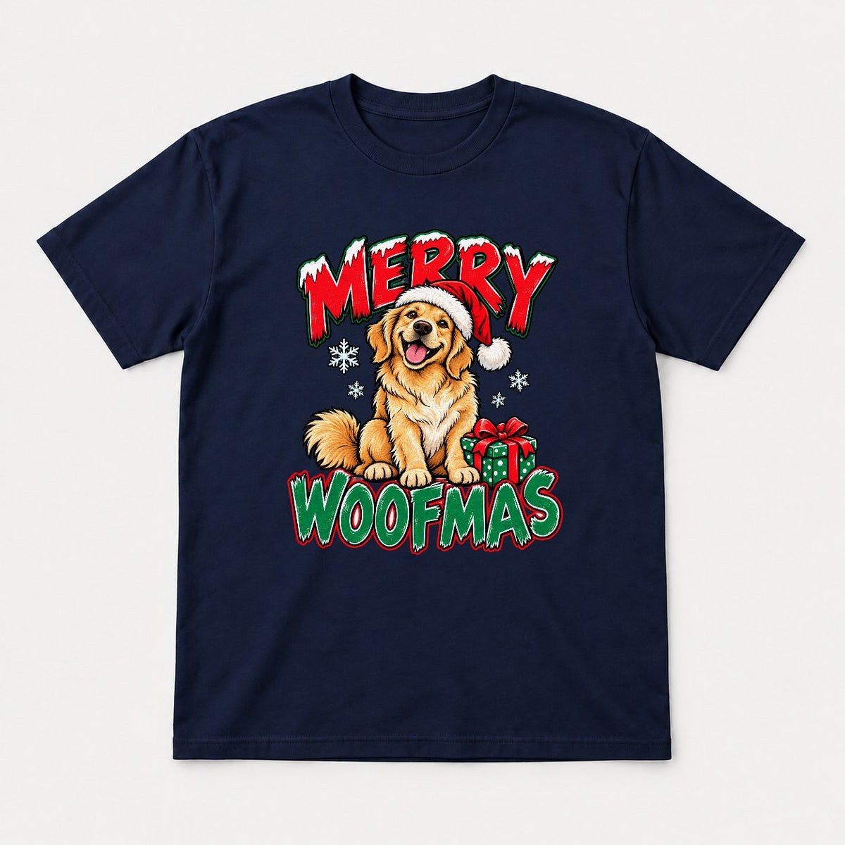 Merry Woofmas Golden Retriever Santa Hat Graphic T-Shirt & Sweatshirt - Tshirt Navy Front