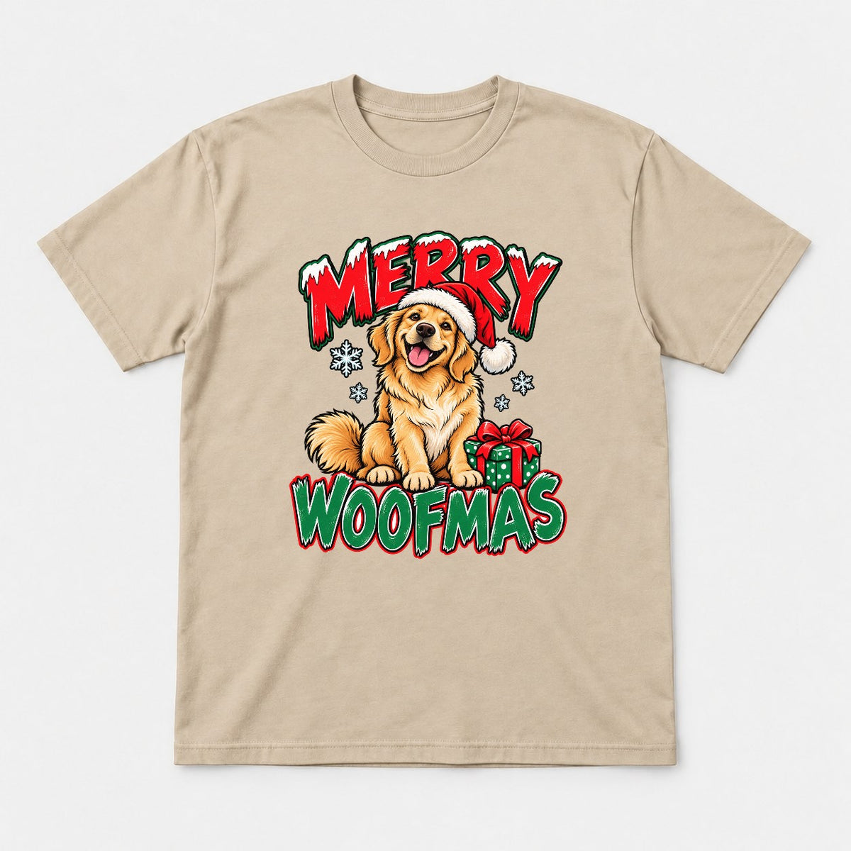 Merry Woofmas Golden Retriever Santa Hat Graphic T-Shirt & Sweatshirt - Tshirt Sand Front