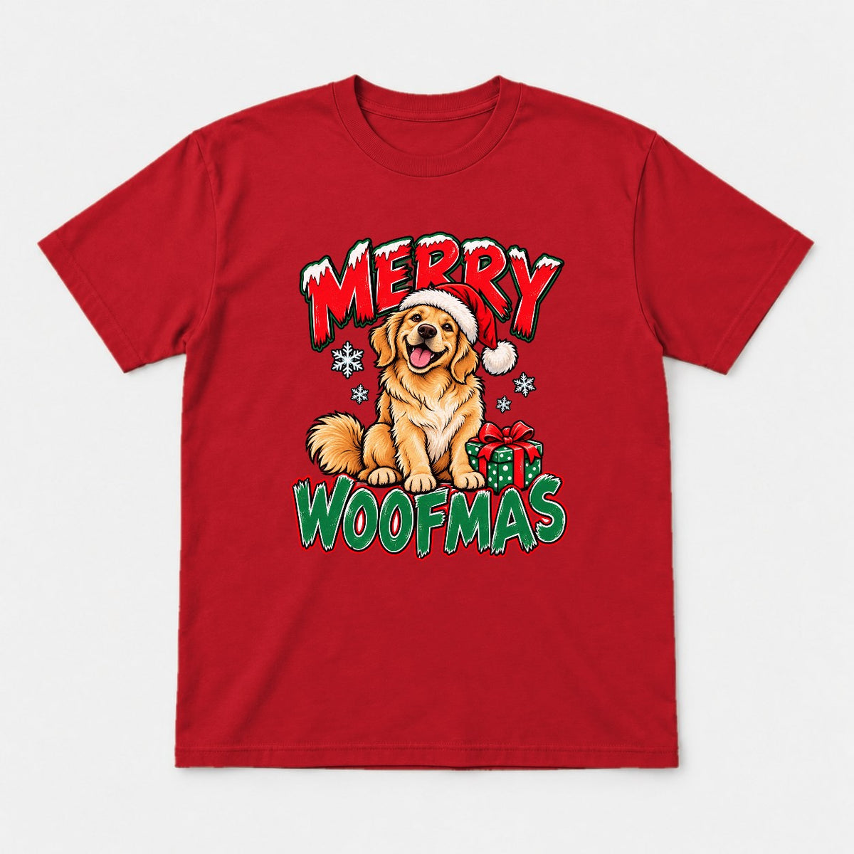 Merry Woofmas Golden Retriever Santa Hat Graphic T-Shirt & Sweatshirt - Tshirt Red Front