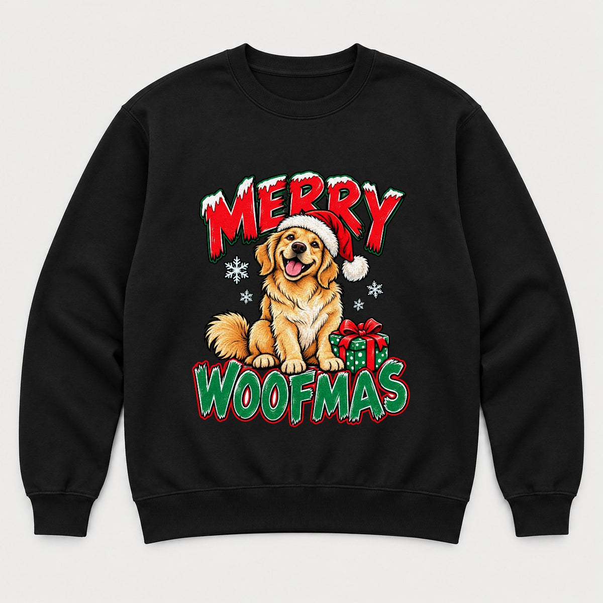 Merry Woofmas Golden Retriever Santa Hat Graphic T-Shirt & Sweatshirt - Sweatshirt Black Front