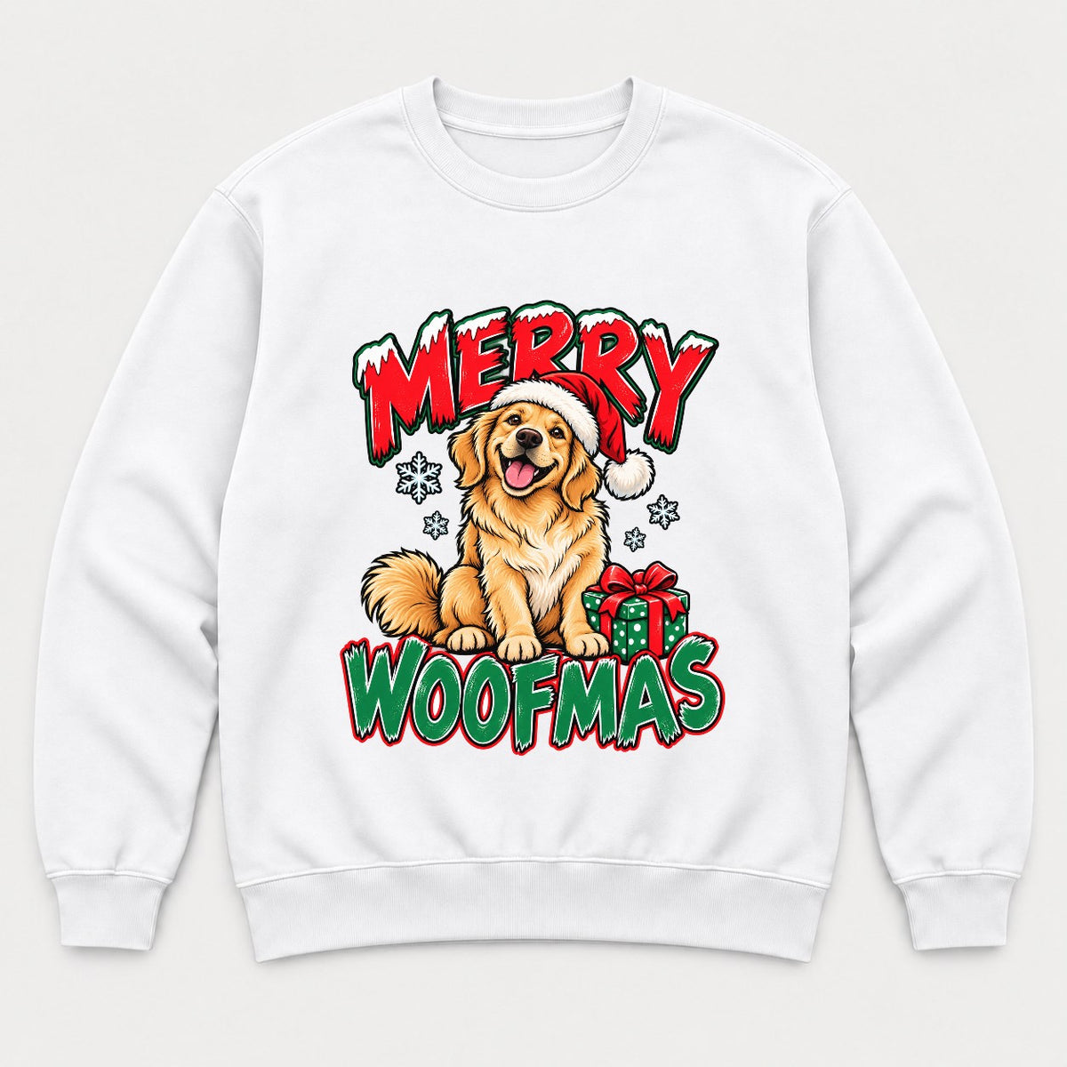 Merry Woofmas Golden Retriever Santa Hat Graphic T-Shirt & Sweatshirt - Sweatshirt White Front