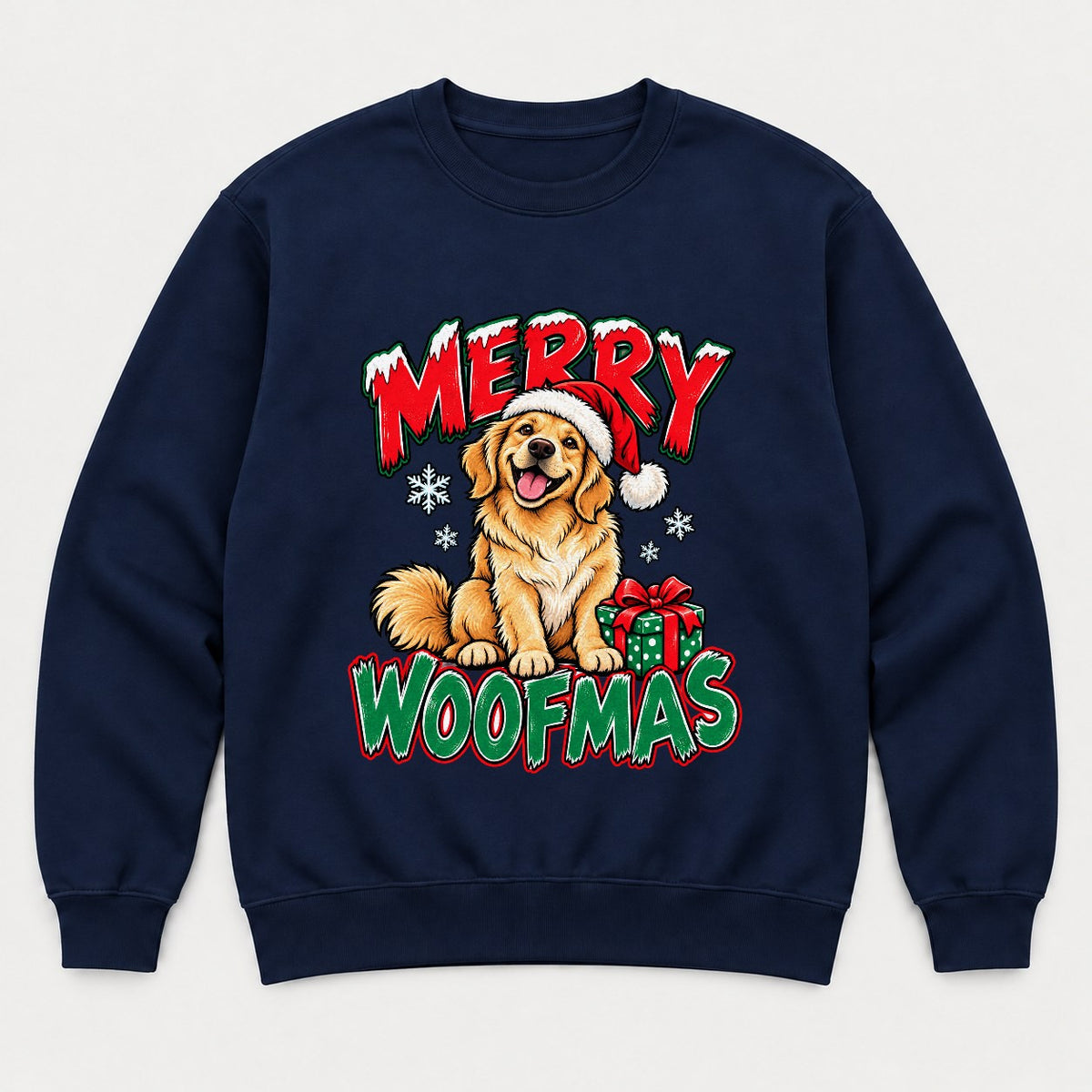 Merry Woofmas Golden Retriever Santa Hat Graphic T-Shirt & Sweatshirt - Sweatshirt Navy Front