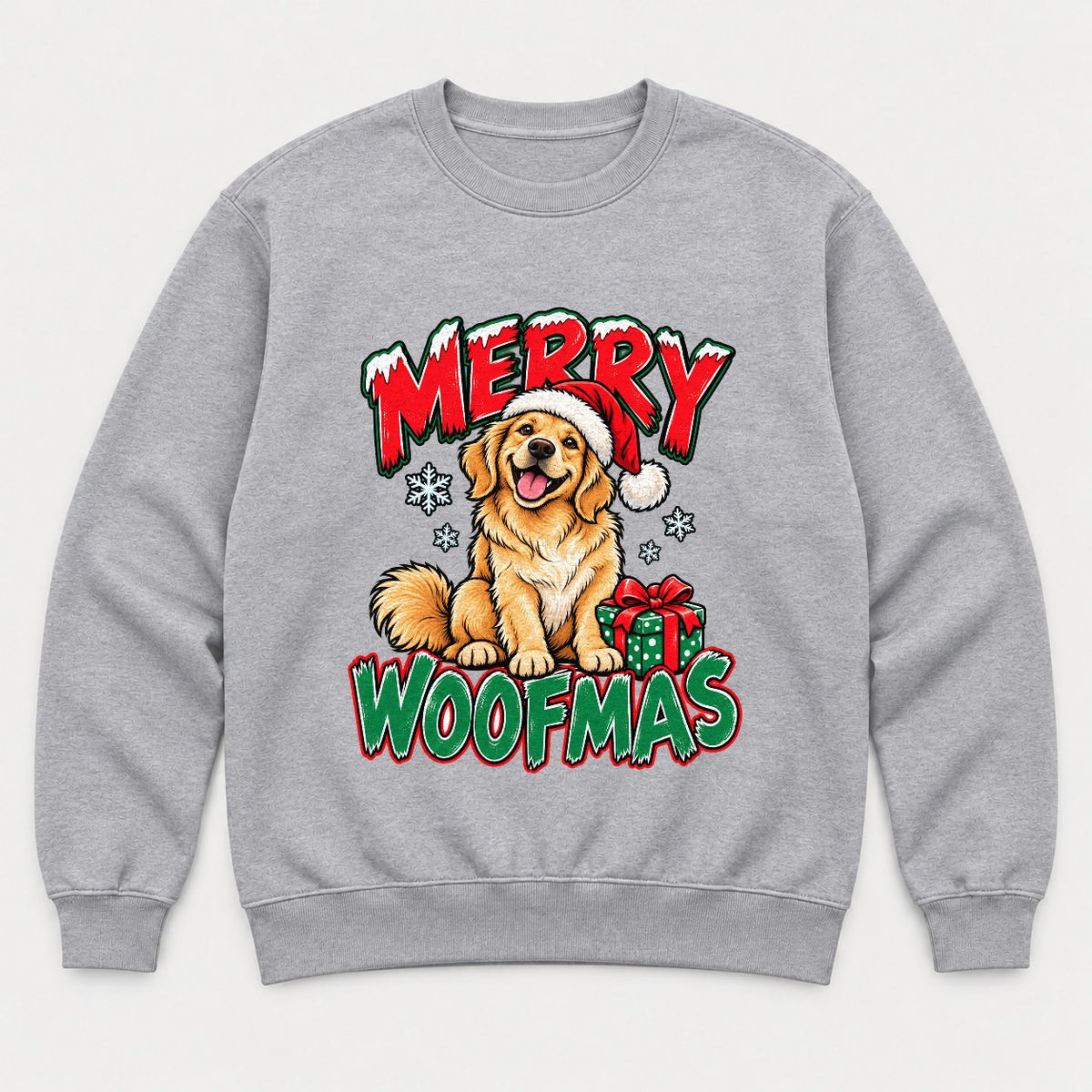 Merry Woofmas Golden Retriever Santa Hat Graphic T-Shirt & Sweatshirt - Sweatshirt Sport Grey Front