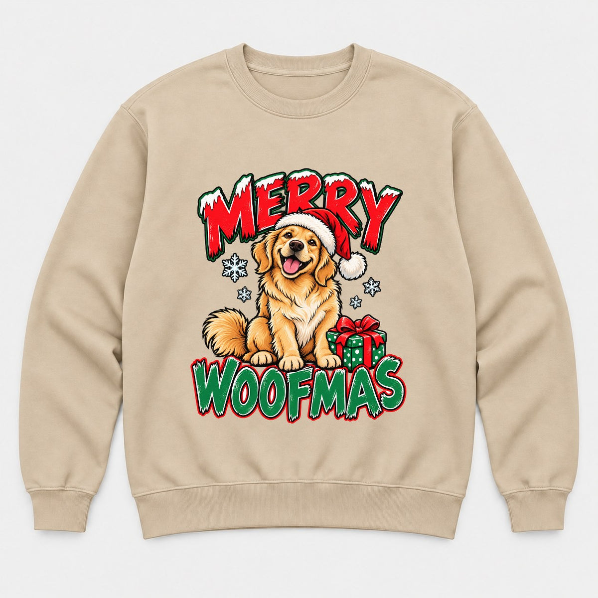 Merry Woofmas Golden Retriever Santa Hat Graphic T-Shirt & Sweatshirt - Sweatshirt Sand Front