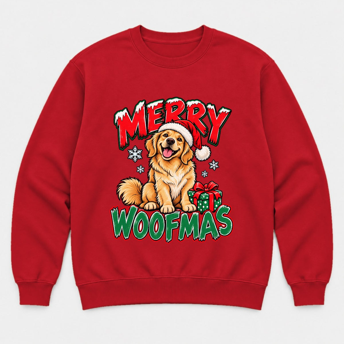 Merry Woofmas Golden Retriever Santa Hat Graphic T-Shirt & Sweatshirt - Sweatshirt Red Front