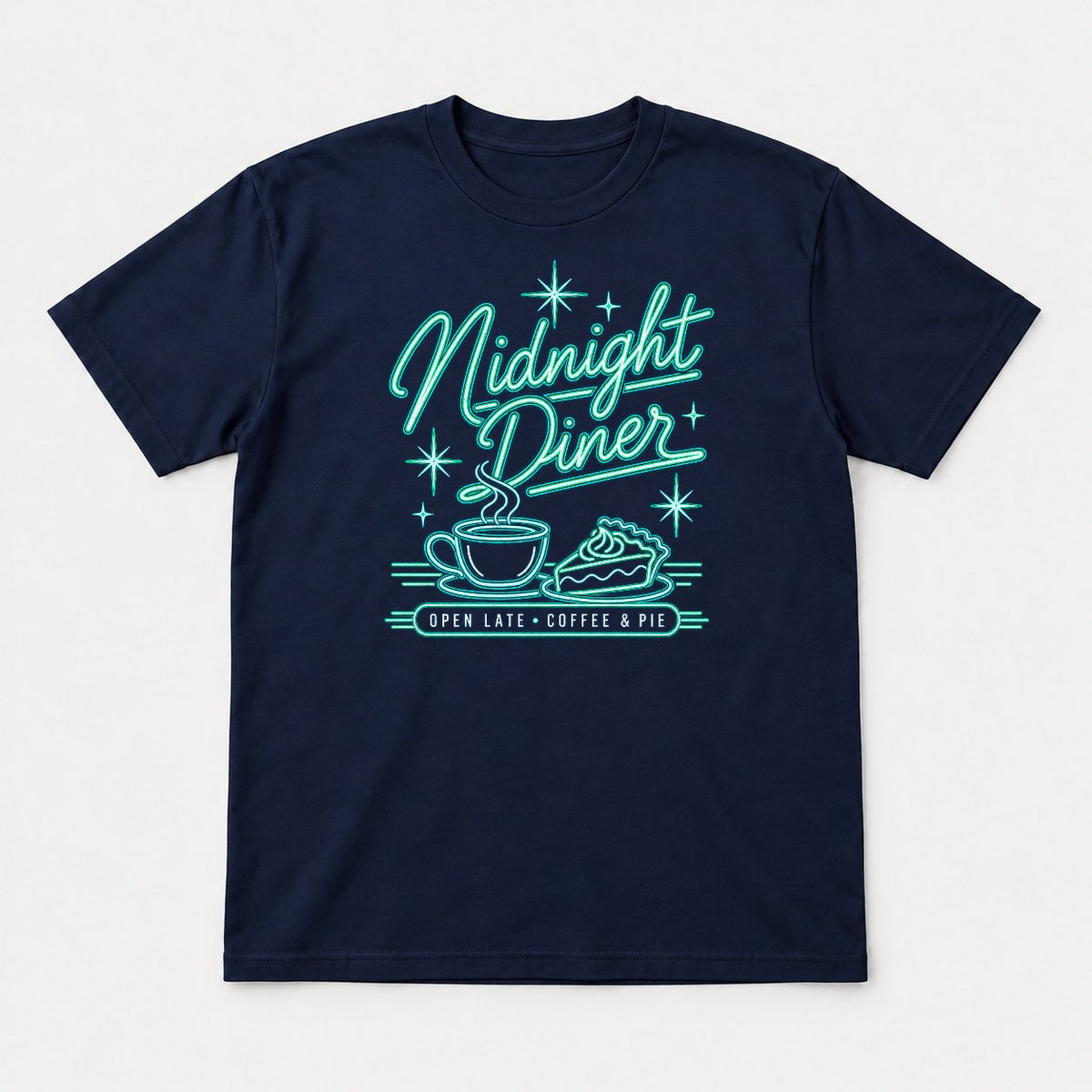 Midnight Diner Retro Neon Coffee & Pie Graphic T-Shirt & Sweatshirt - Tshirt Navy Front