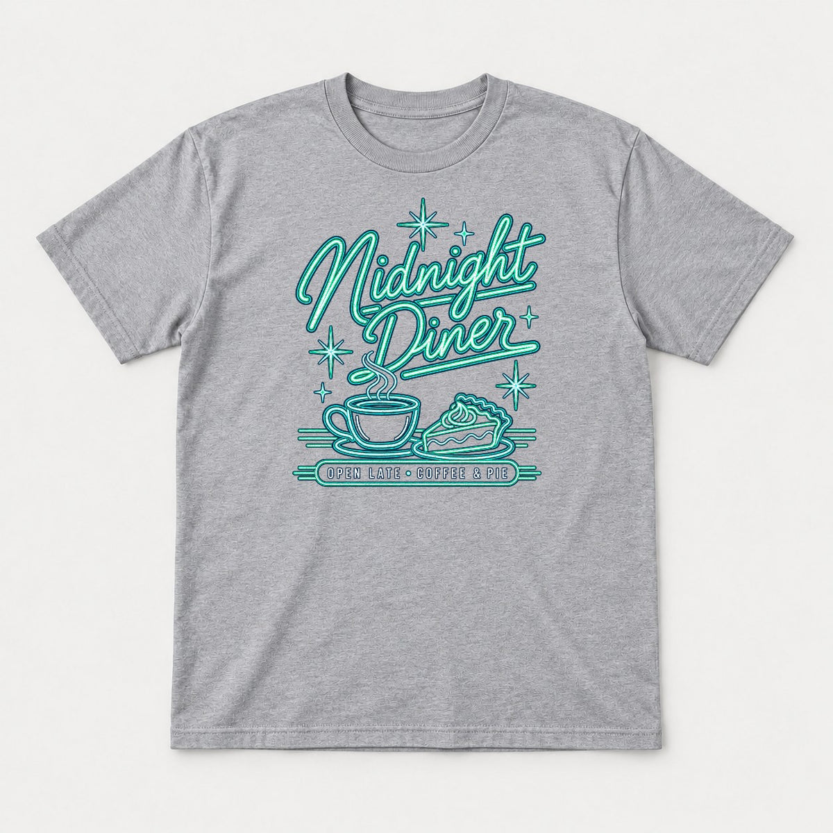 Midnight Diner Retro Neon Coffee & Pie Graphic T-Shirt & Sweatshirt - Tshirt Sport Grey Front