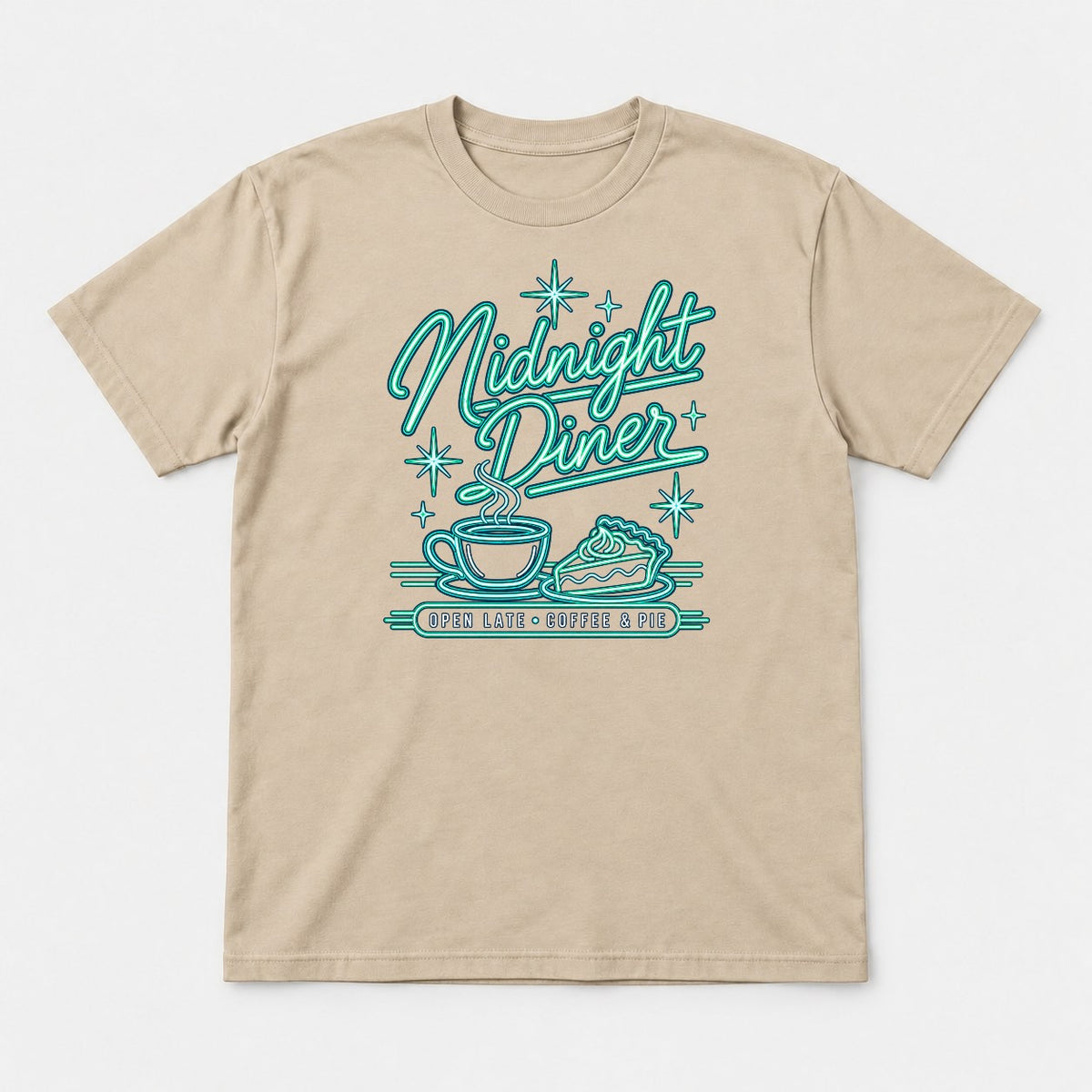 Midnight Diner Retro Neon Coffee & Pie Graphic T-Shirt & Sweatshirt - Tshirt Sand Front