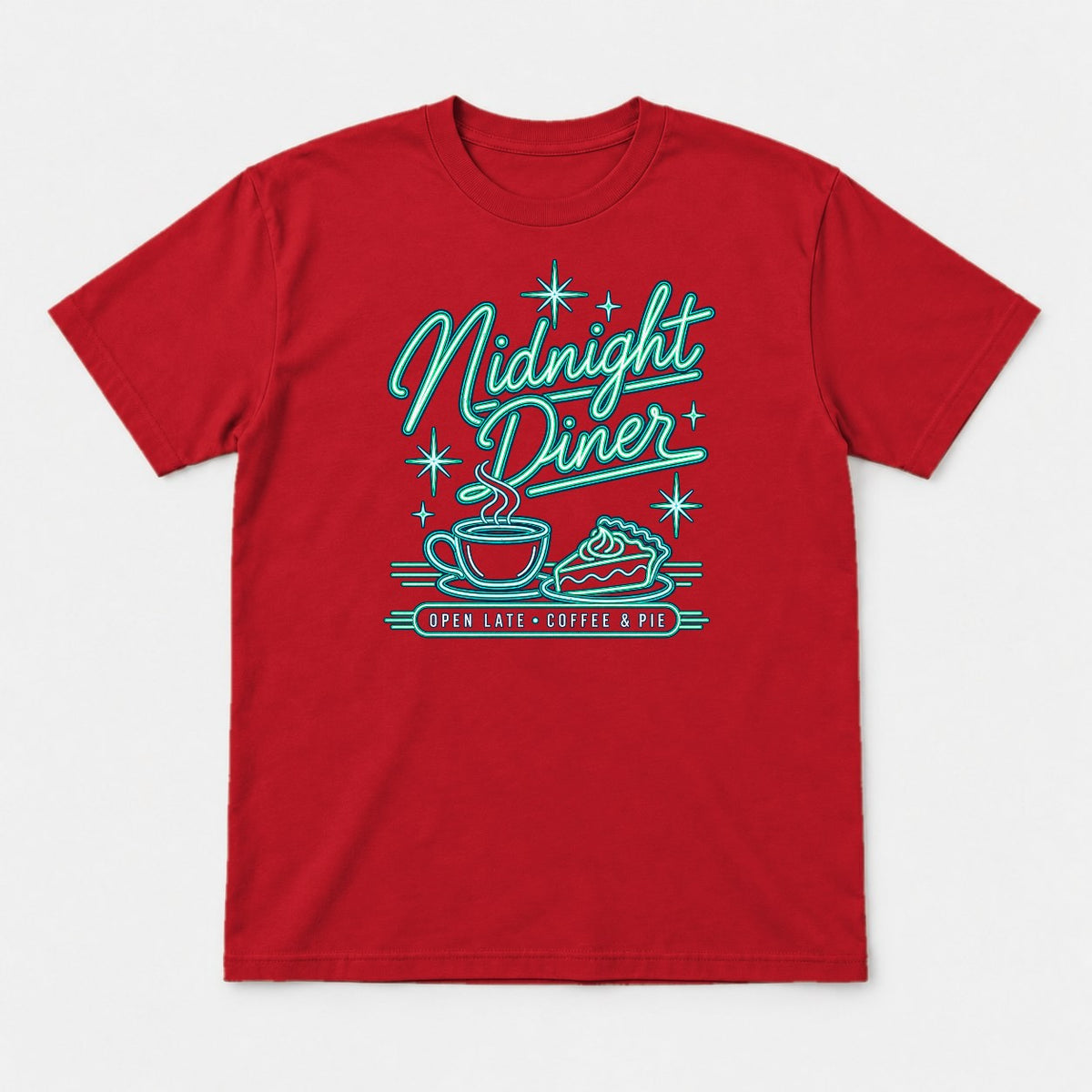 Midnight Diner Retro Neon Coffee & Pie Graphic T-Shirt & Sweatshirt - Tshirt Red Front