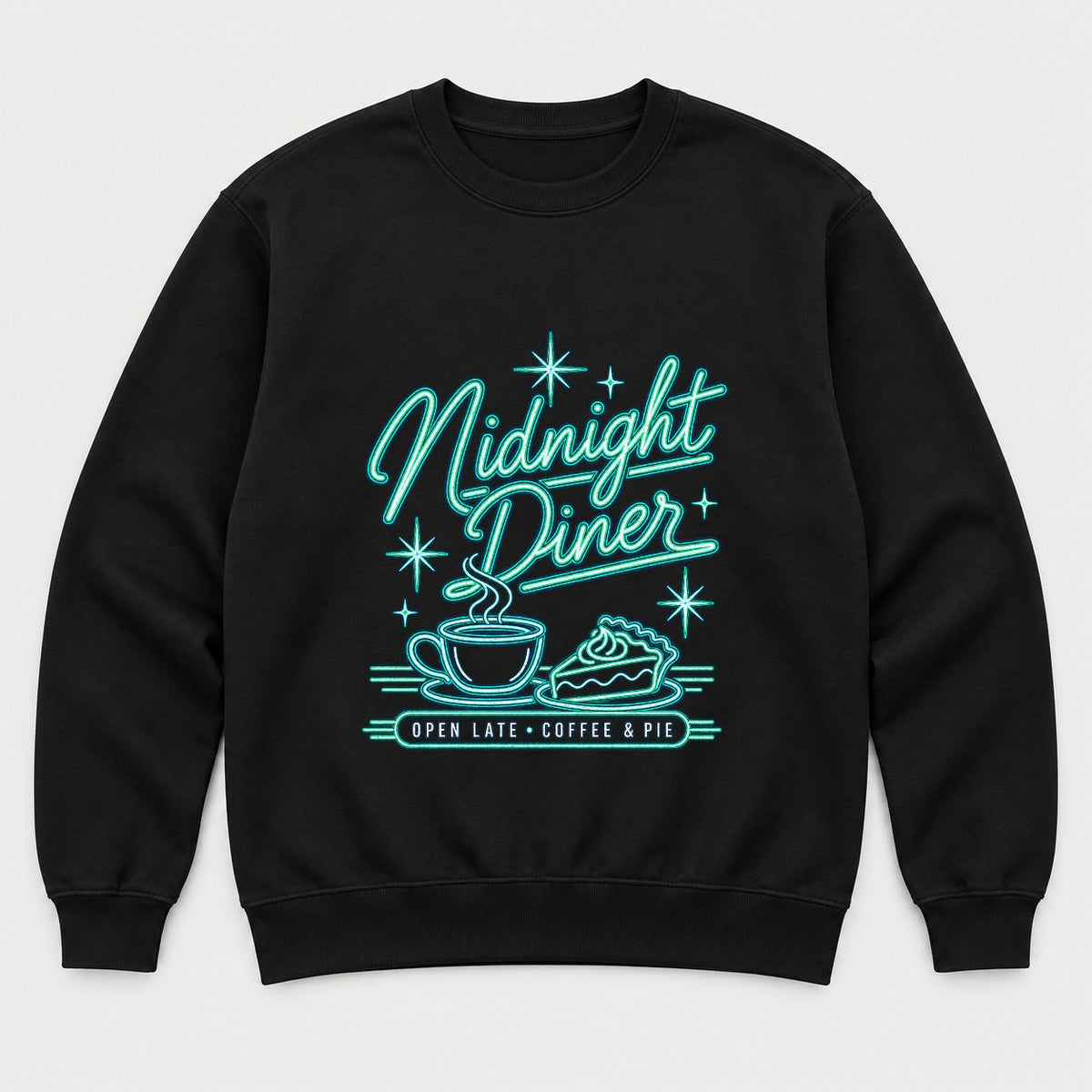 Midnight Diner Retro Neon Coffee & Pie Graphic T-Shirt & Sweatshirt - Sweatshirt Black Front