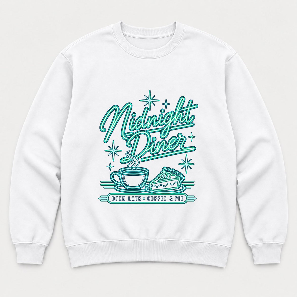 Midnight Diner Retro Neon Coffee & Pie Graphic T-Shirt & Sweatshirt - Sweatshirt White Front