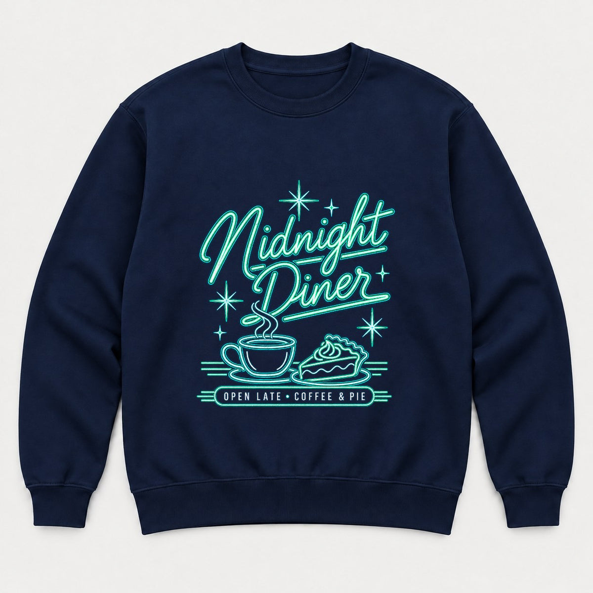 Midnight Diner Retro Neon Coffee & Pie Graphic T-Shirt & Sweatshirt - Sweatshirt Navy Front