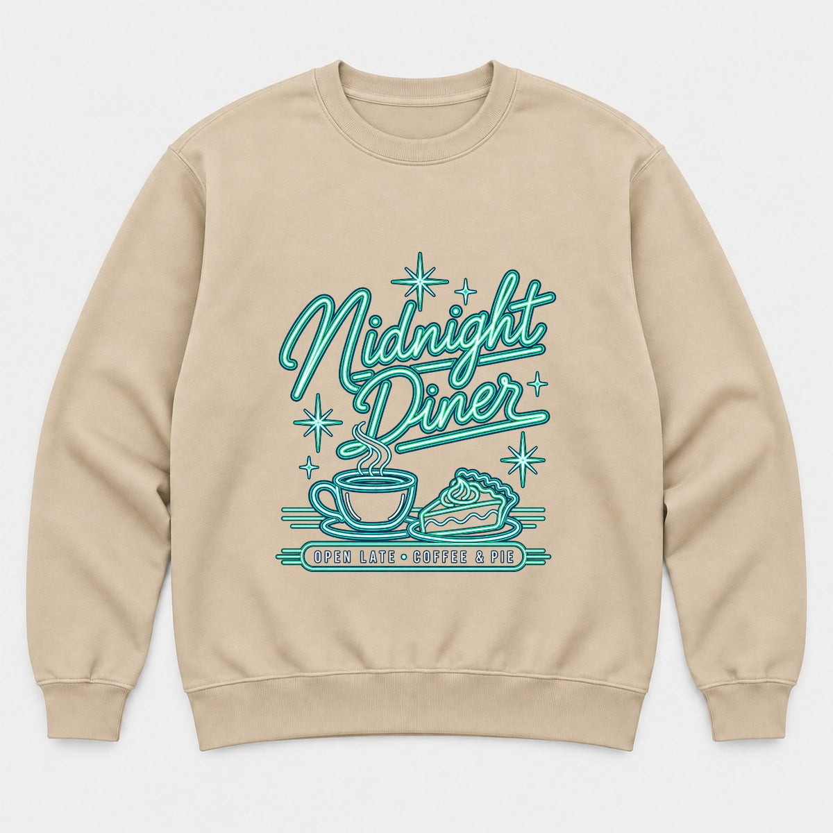 Midnight Diner Retro Neon Coffee & Pie Graphic T-Shirt & Sweatshirt - Sweatshirt Sand Front