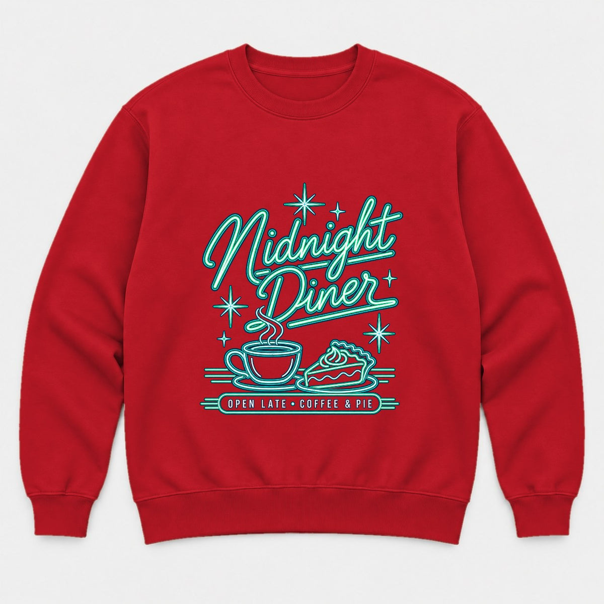 Midnight Diner Retro Neon Coffee & Pie Graphic T-Shirt & Sweatshirt - Sweatshirt Red Front