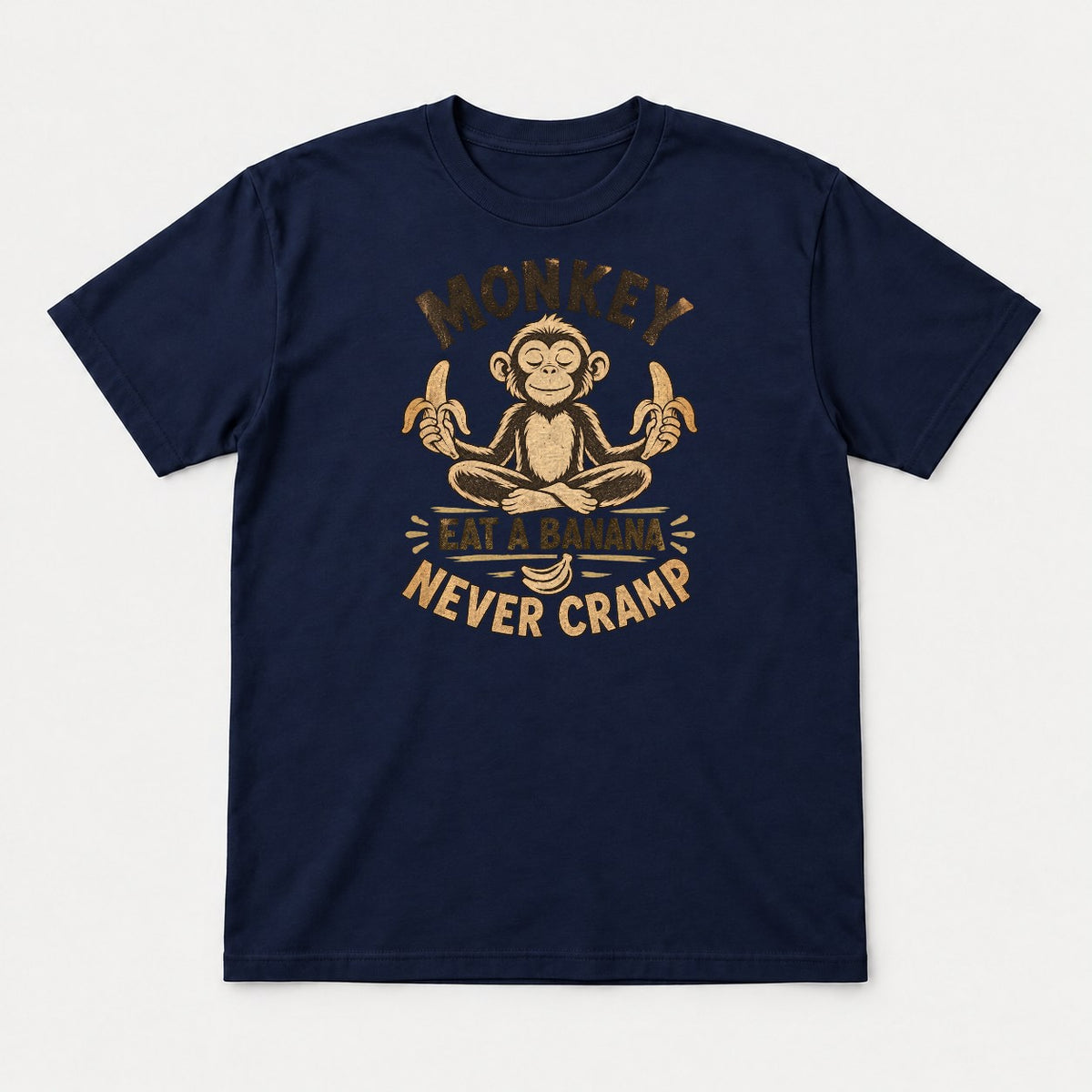 Monkey Eat a Banana Never Cramp Meditating Monkey Graphic T-Shirt & Sweatshirt - Tshirt Navy Front