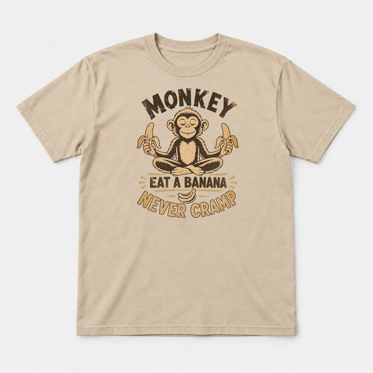 Monkey Eat a Banana Never Cramp Meditating Monkey Graphic T-Shirt & Sweatshirt - Tshirt Sand Front