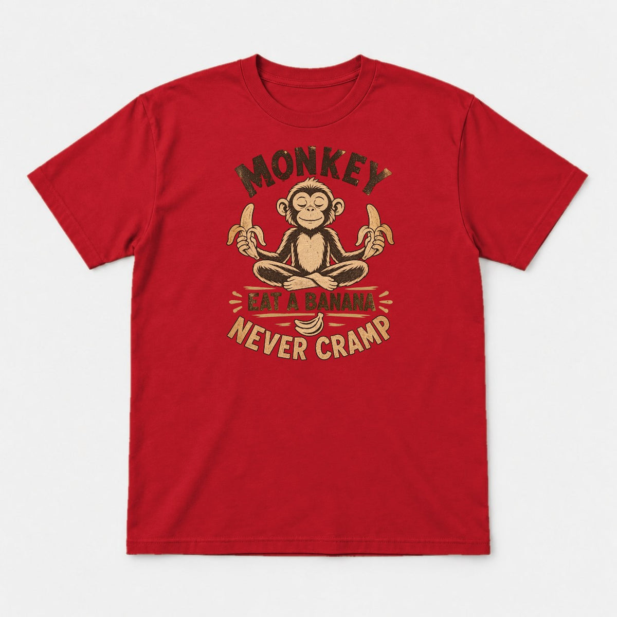Monkey Eat a Banana Never Cramp Meditating Monkey Graphic T-Shirt & Sweatshirt - Tshirt Red Front