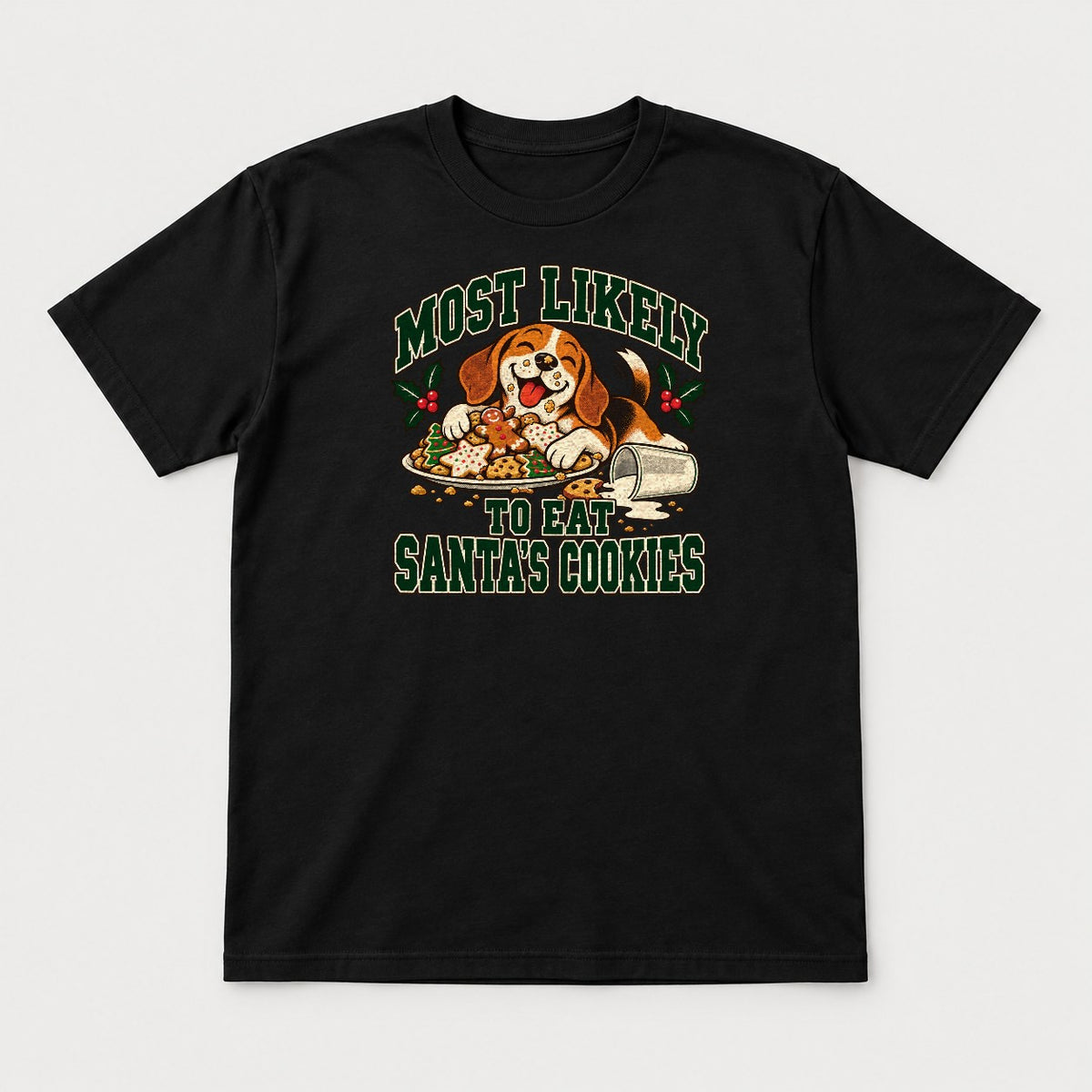 Most Likely To Eat Santa's Cookies Beagle Christmas Graphic T-Shirt & Sweatshirt - Tshirt Black Front