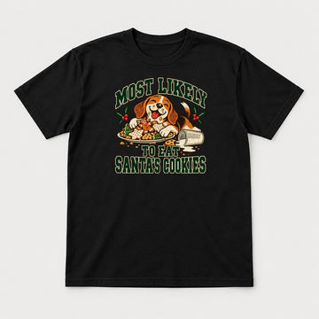 Most Likely To Eat Santa's Cookies Beagle Christmas Graphic T-Shirt & Sweatshirt - Tshirt Black Front