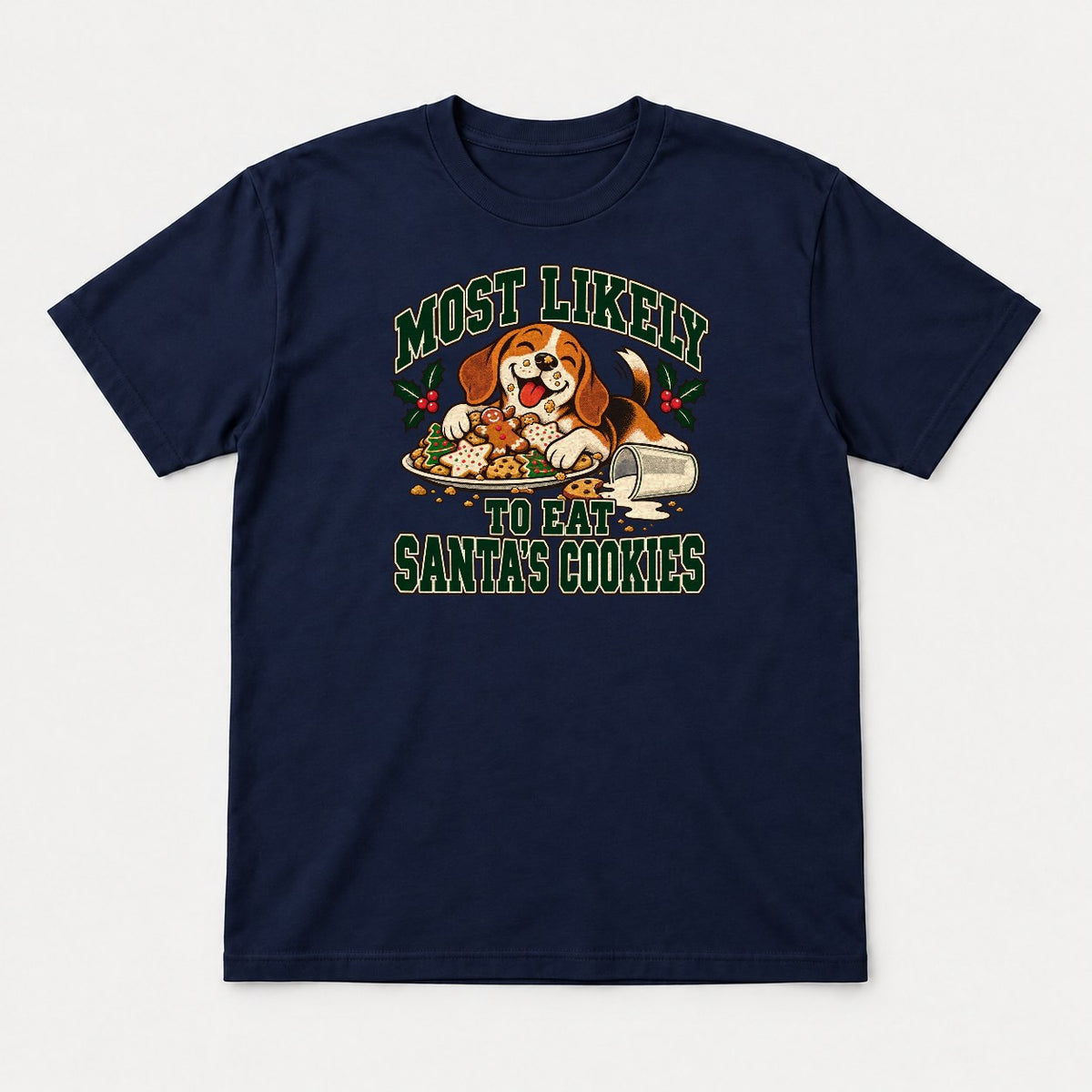 Most Likely To Eat Santa's Cookies Beagle Christmas Graphic T-Shirt & Sweatshirt - Tshirt Navy Front
