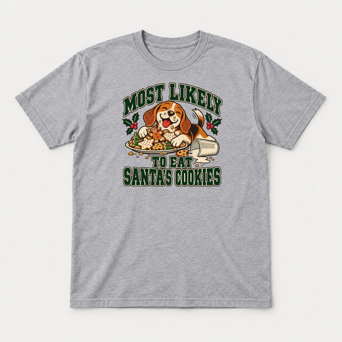 Most Likely To Eat Santa's Cookies Beagle Christmas Graphic T-Shirt & Sweatshirt - Tshirt Sport Grey Front