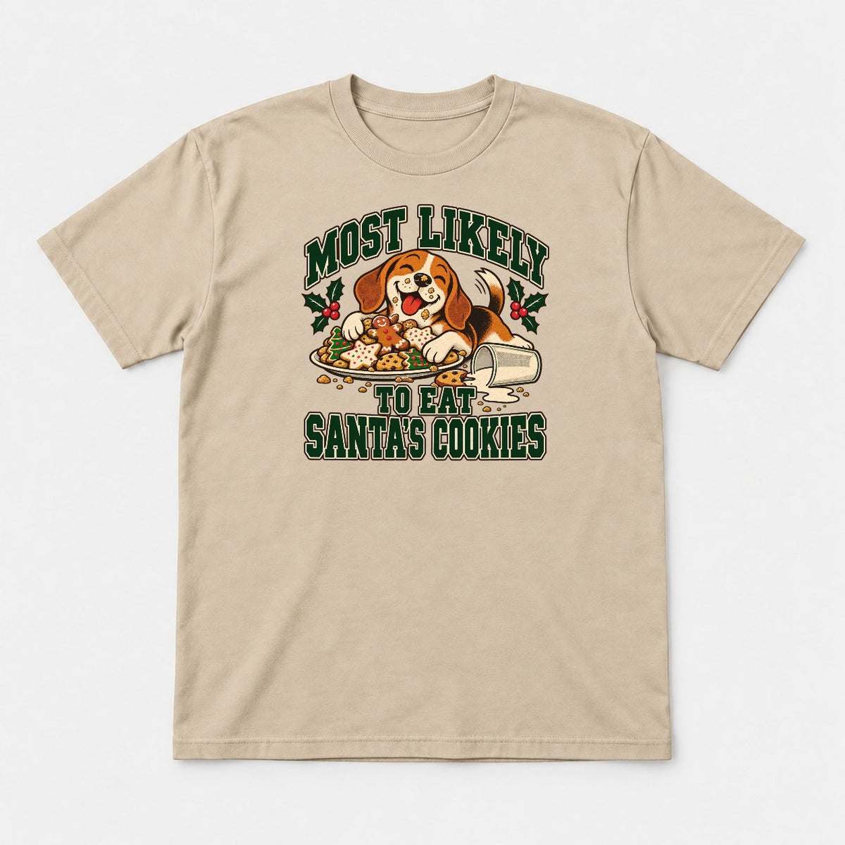 Most Likely To Eat Santa's Cookies Beagle Christmas Graphic T-Shirt & Sweatshirt - Tshirt Sand Front