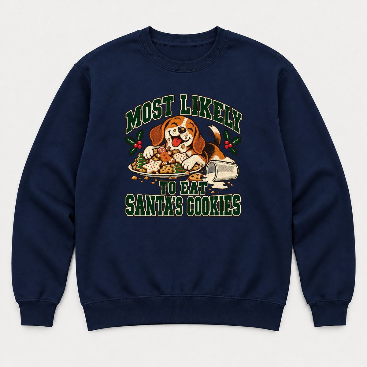 Most Likely To Eat Santa's Cookies Beagle Christmas Graphic T-Shirt & Sweatshirt - Sweatshirt Navy Front