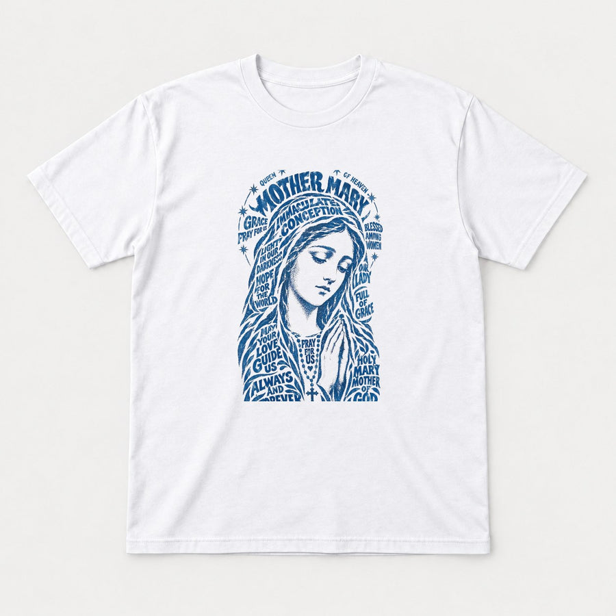 Mother Mary Queen of Heaven Blue Typographic Graphic T-Shirt & Sweatshirt