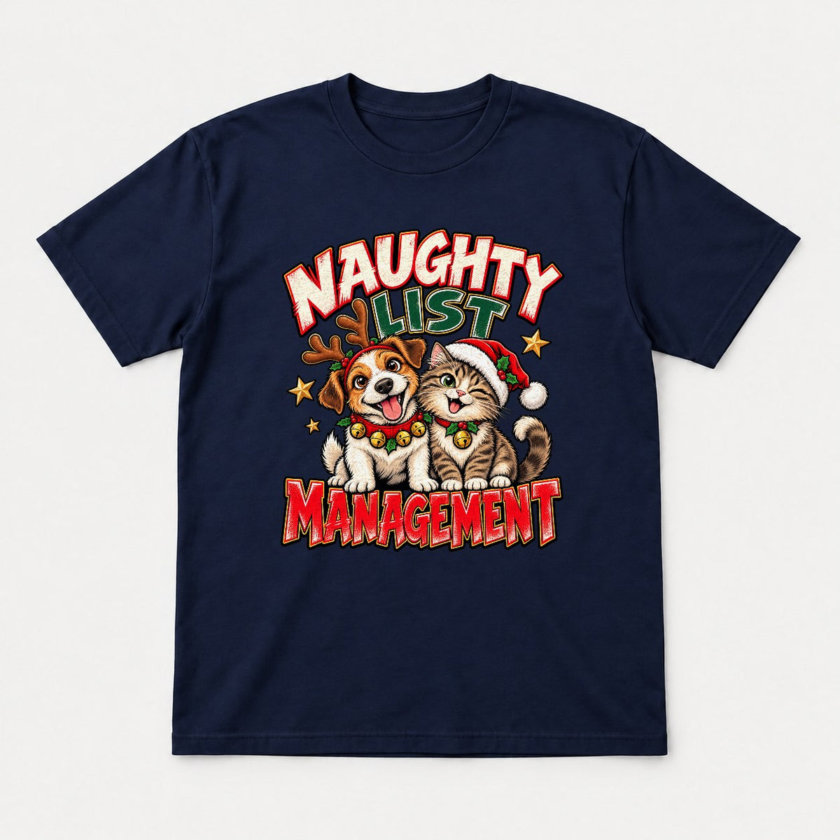 Naughty List Management Christmas Dog & Cat Graphic T-Shirt & Sweatshirt - Tshirt Navy Front