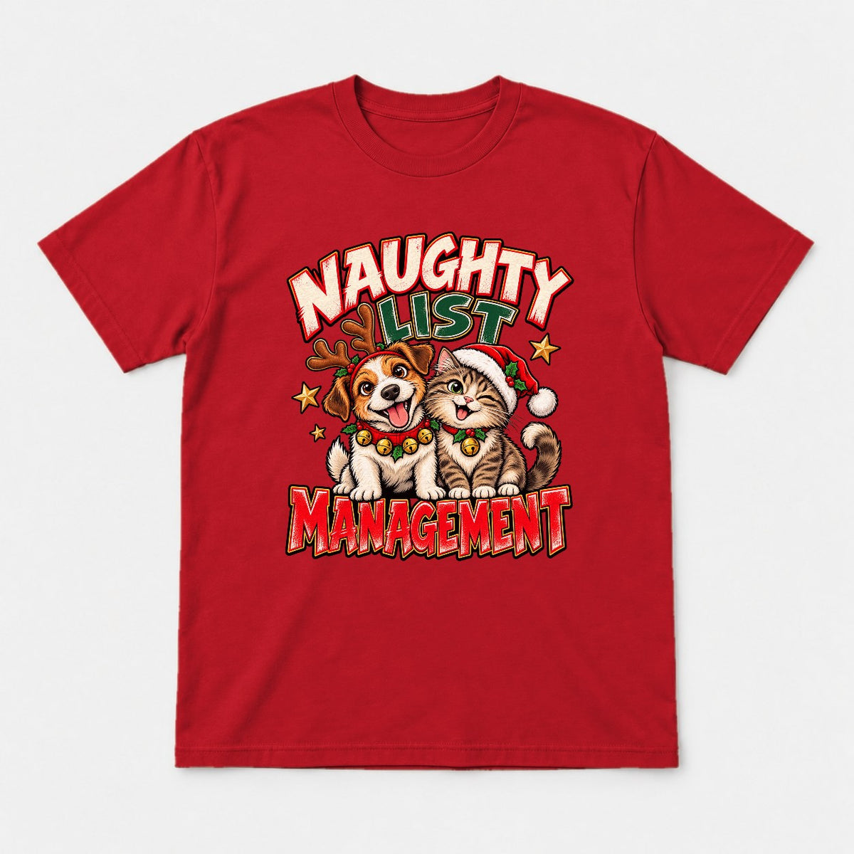 Naughty List Management Christmas Dog & Cat Graphic T-Shirt & Sweatshirt - Tshirt Red Front