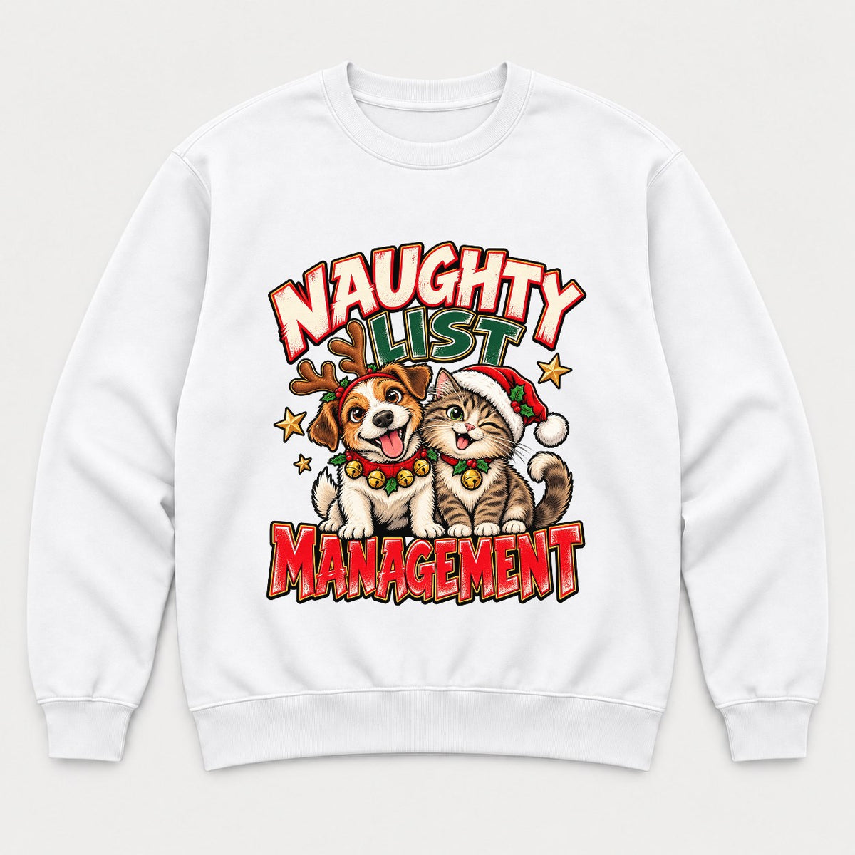 Naughty List Management Christmas Dog & Cat Graphic T-Shirt & Sweatshirt - Sweatshirt White Front