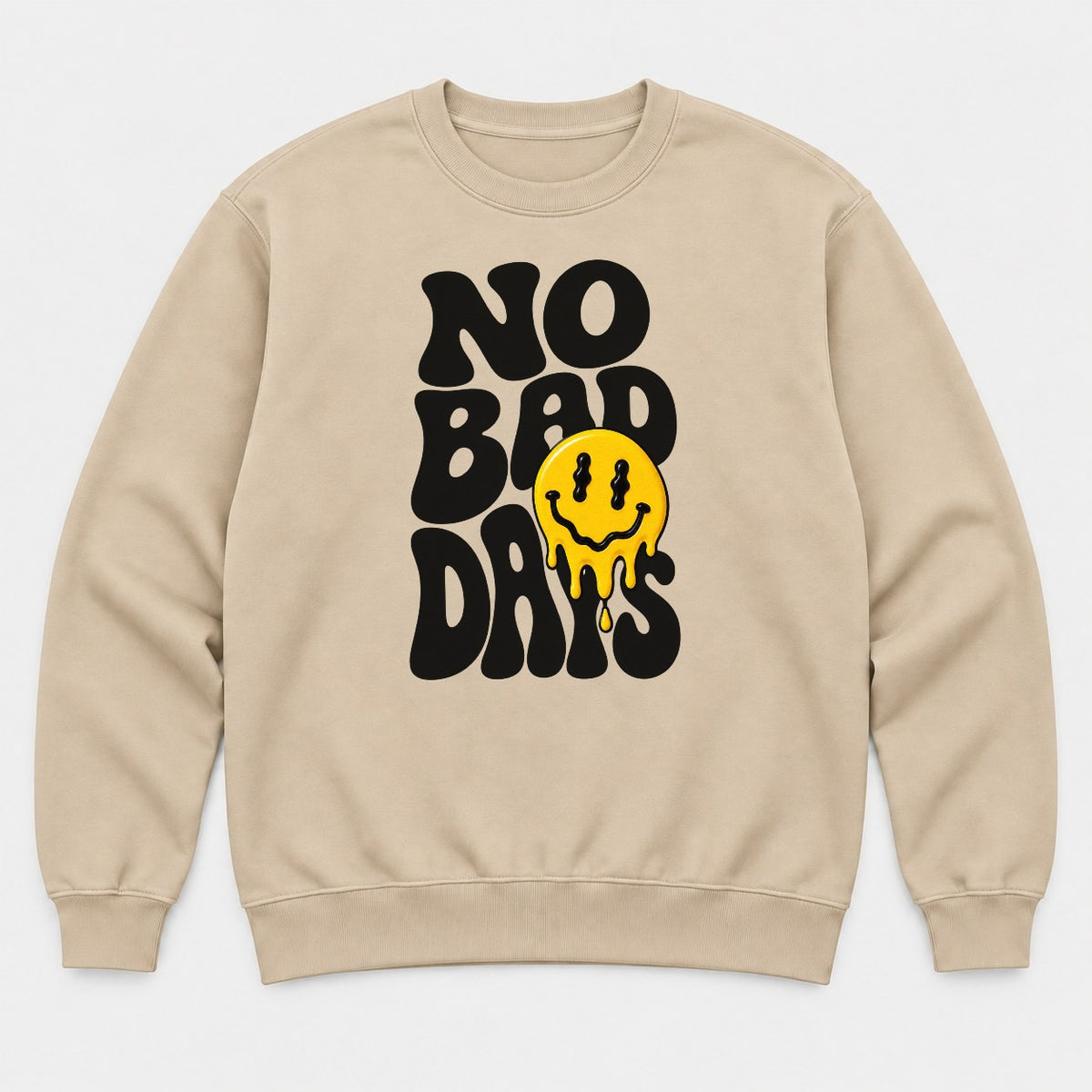 No Bad Days Melting Smiley Face Retro Graphic T-Shirt & Sweatshirt - Sweatshirt Sand Front