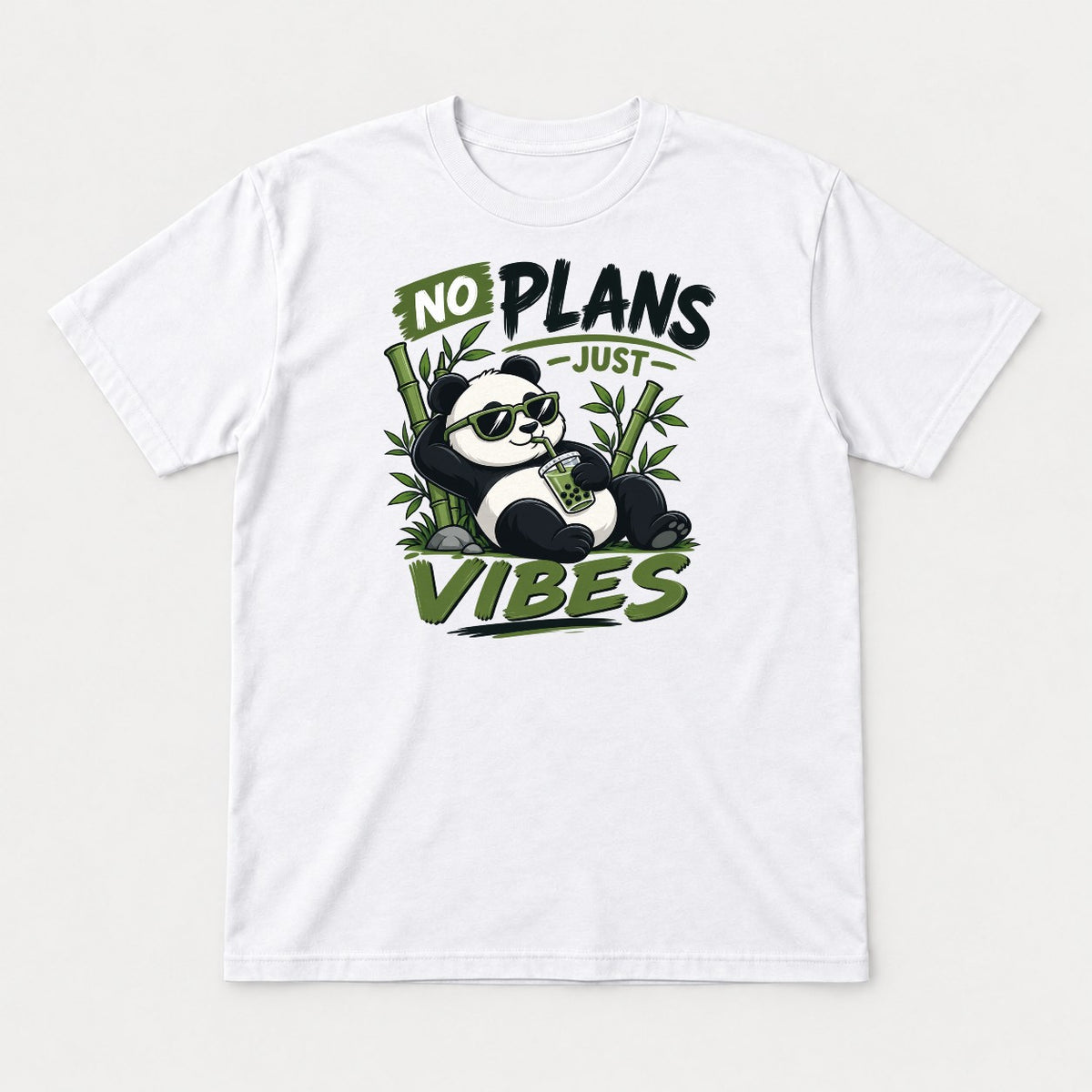 No Plans Just Vibes Relaxed Panda Bubble Tea Graphic T-Shirt & Sweatshirt - Tshirt White Front