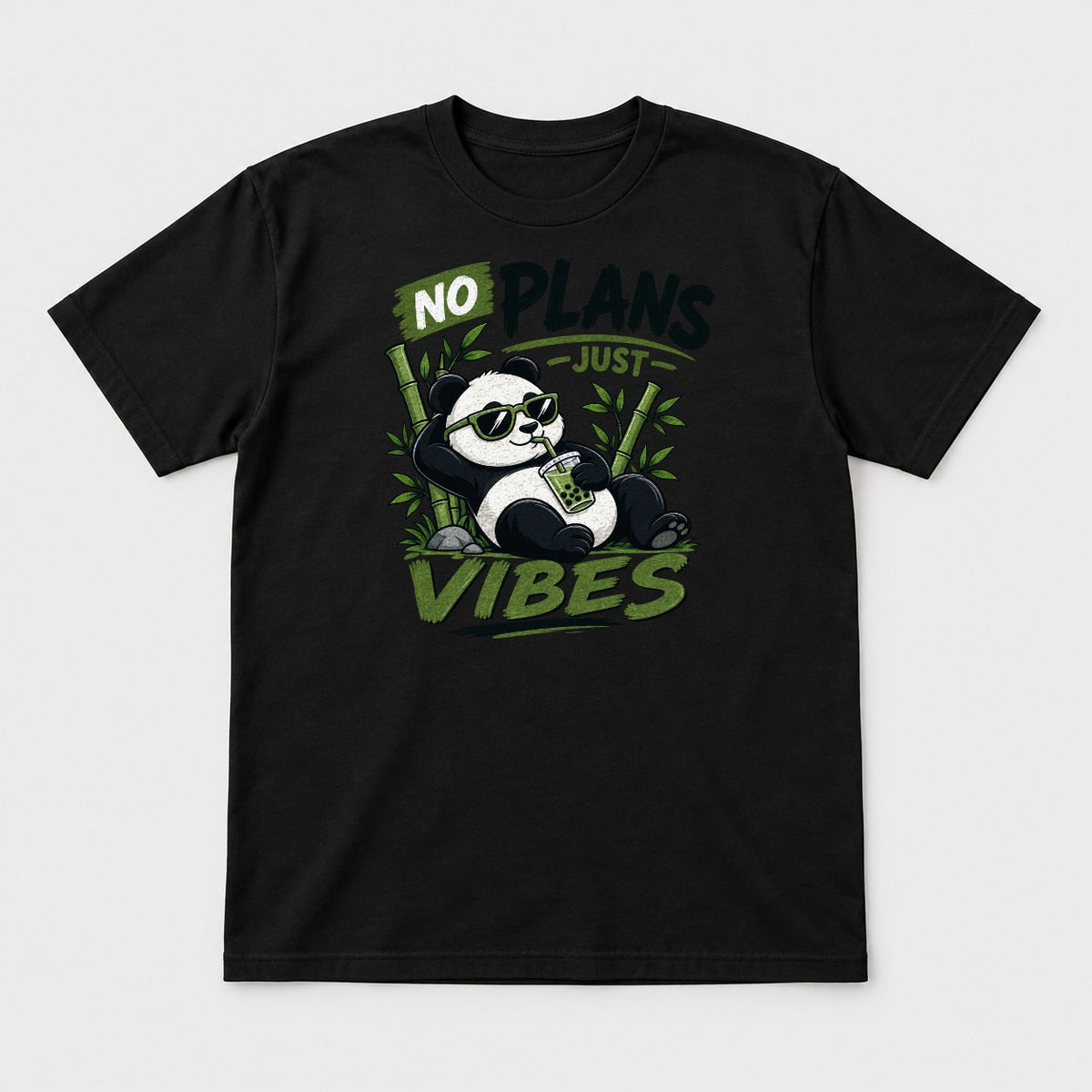 No Plans Just Vibes Relaxed Panda Bubble Tea Graphic T-Shirt & Sweatshirt - Tshirt Black Front