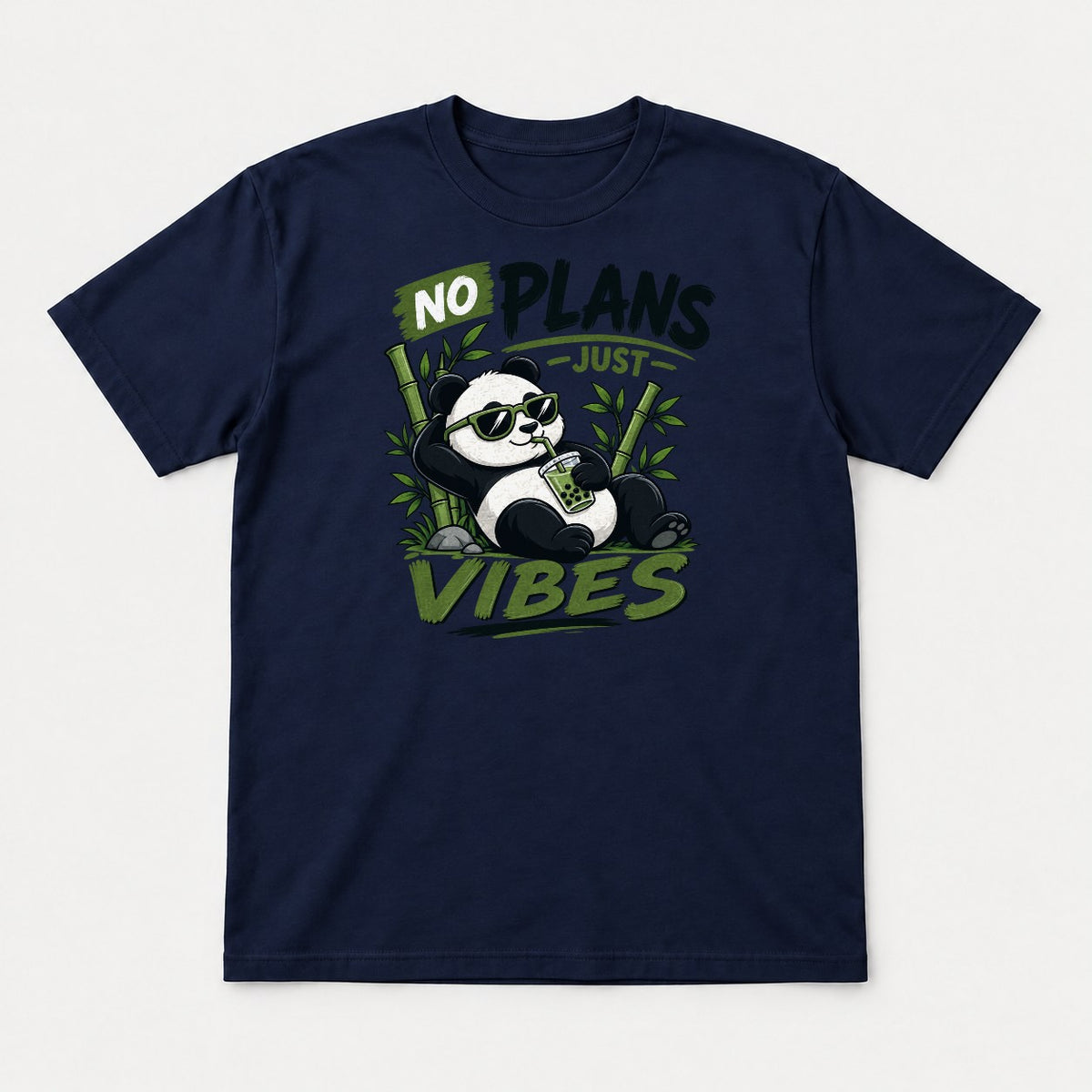 No Plans Just Vibes Relaxed Panda Bubble Tea Graphic T-Shirt & Sweatshirt - Tshirt Navy Front