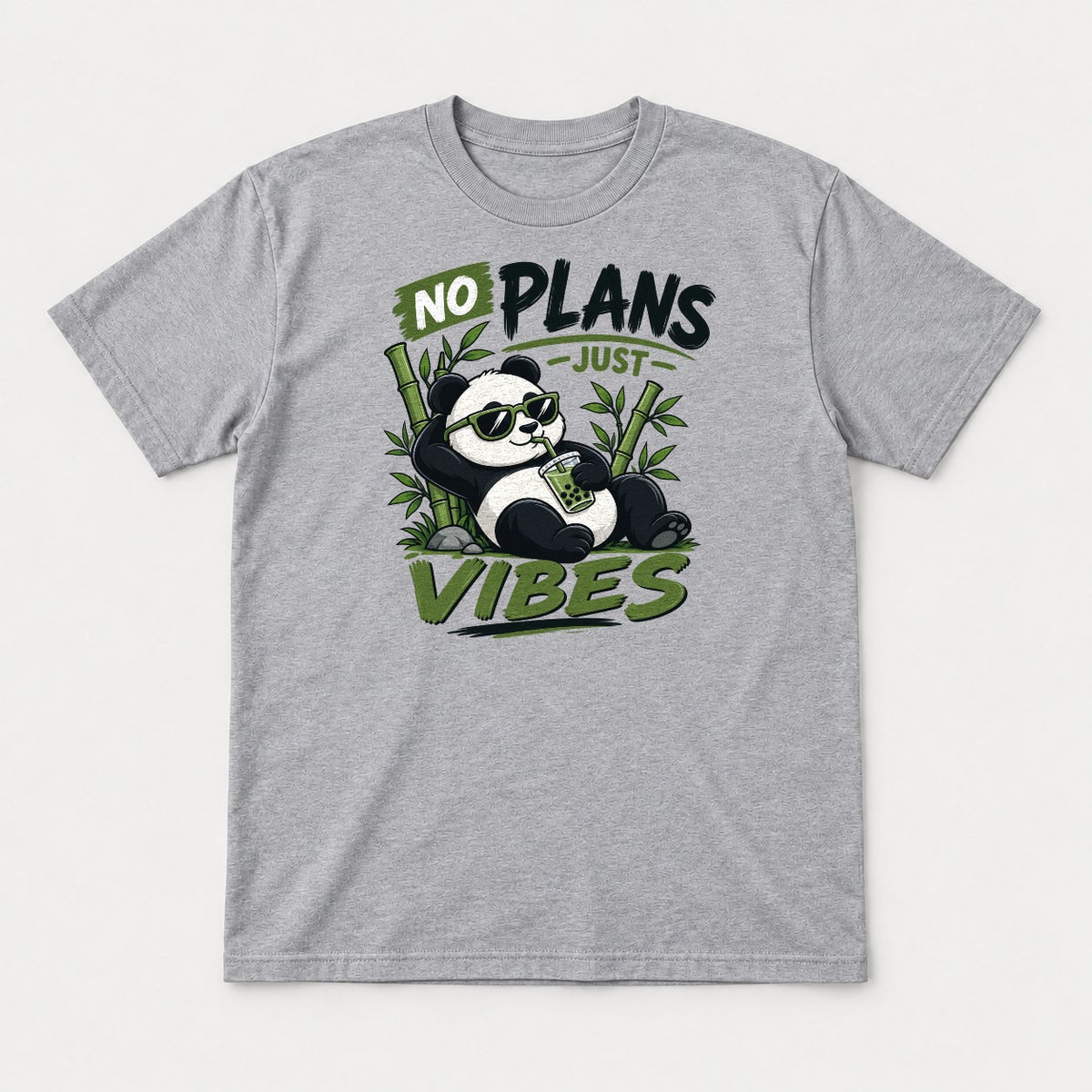 No Plans Just Vibes Relaxed Panda Bubble Tea Graphic T-Shirt & Sweatshirt - Tshirt Sport Grey Front